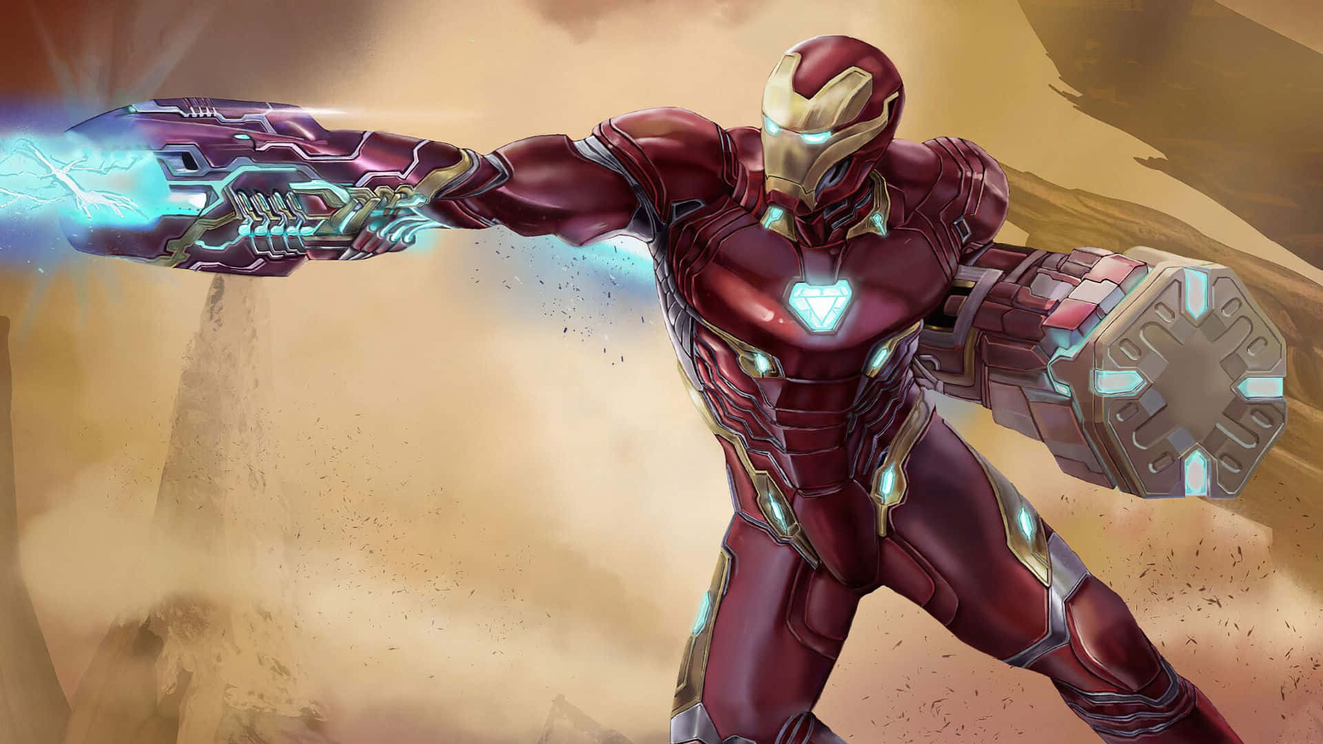 Iron Man, red and gold armor, glowing blue energy blast, Full HD Desktop Wallpaper