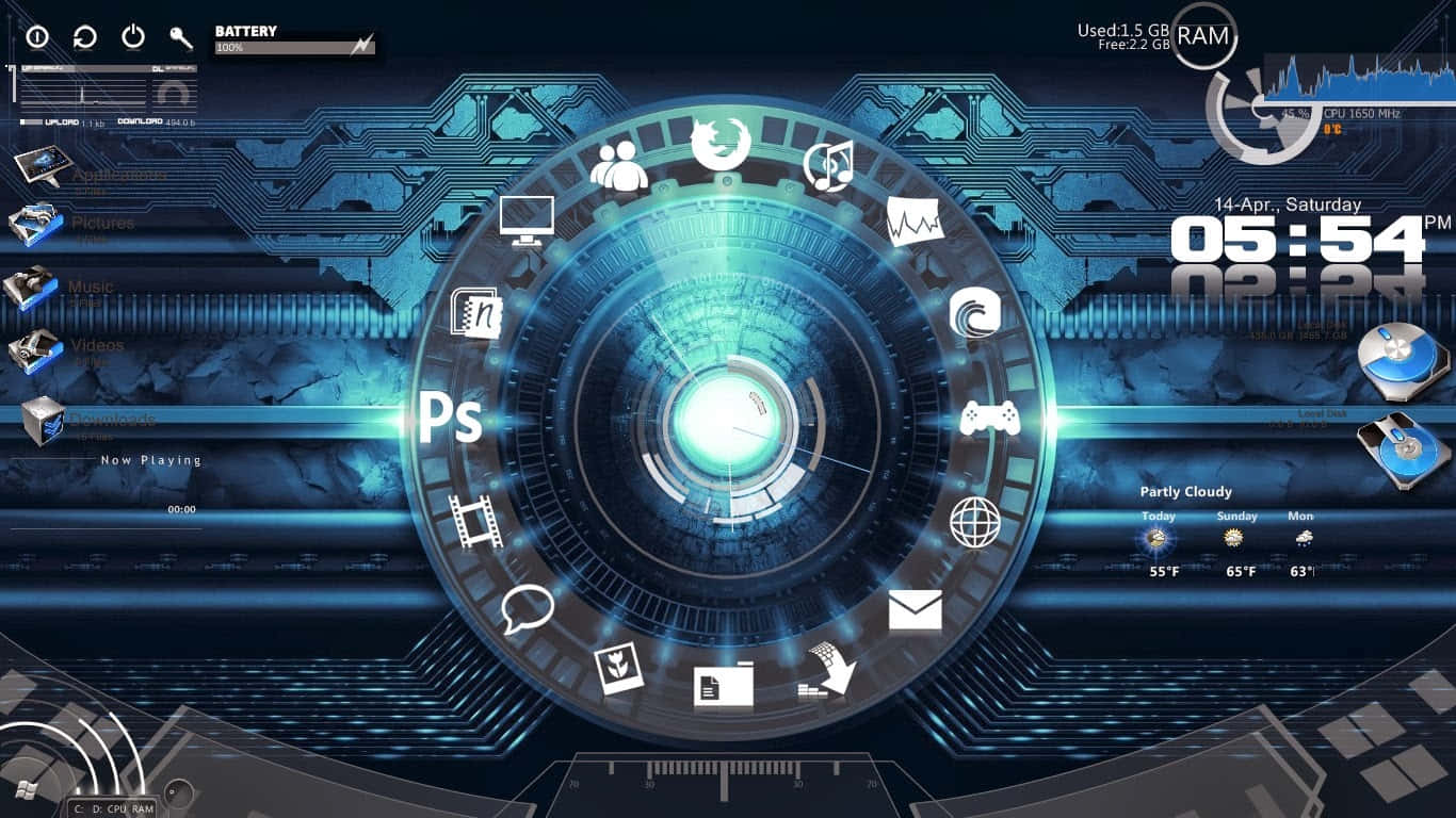 Iron Man Technology, futuristic blue digital dashboard, glowing circular interface, HD Desktop Wallpaper