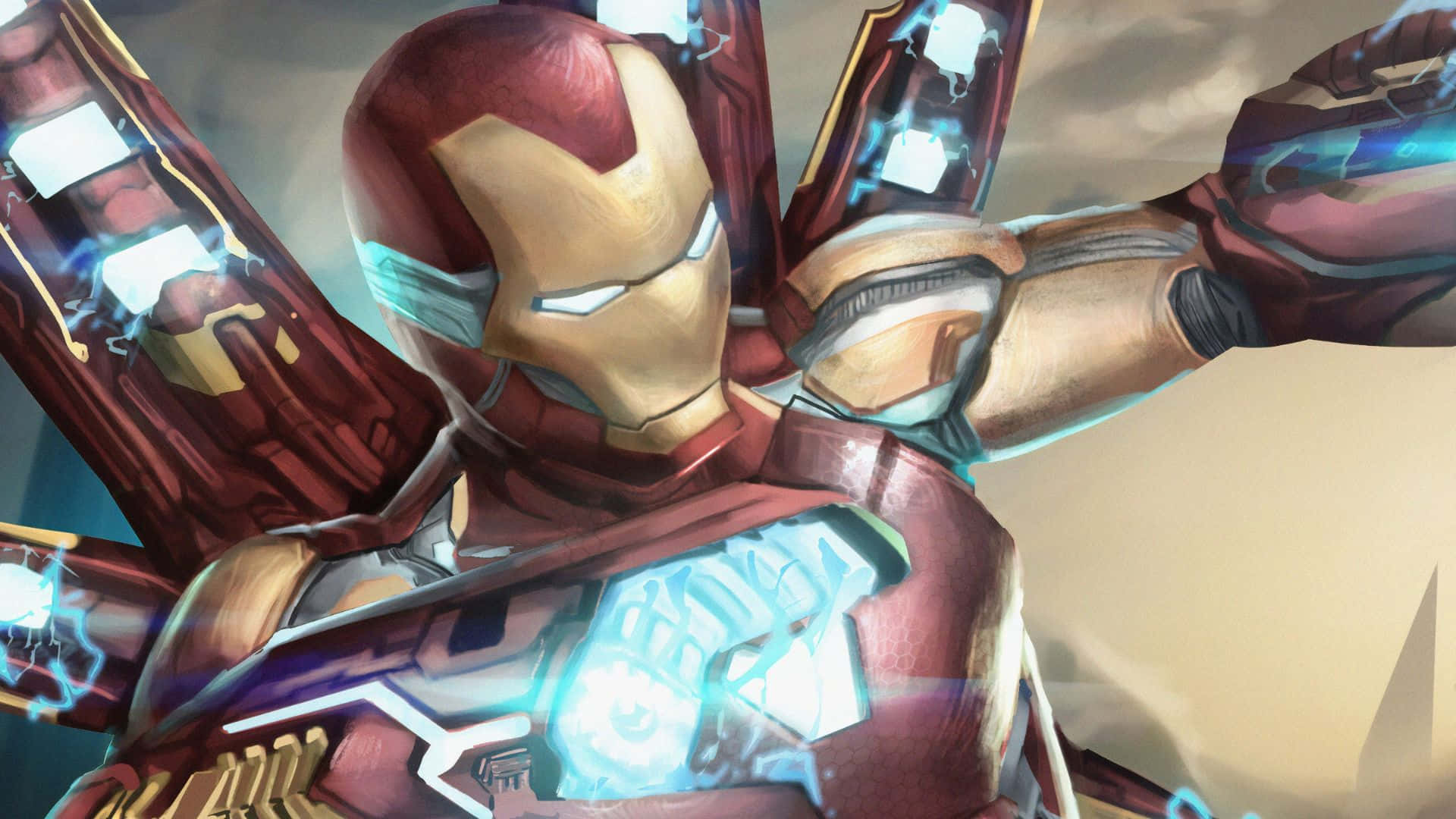 Iron Man, red and gold armor, glowing blue repulsors, Full HD Desktop Wallpaper