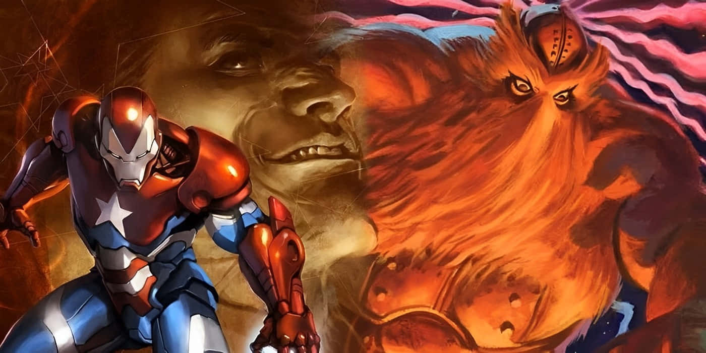 Iron Man, red blue armor, fiery orange lion-headed monster, HD Desktop Wallpaper