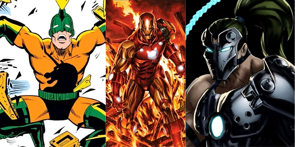 Iron Man Villains, green-masked hero, fiery Iron Man, SD Desktop Wallpaper