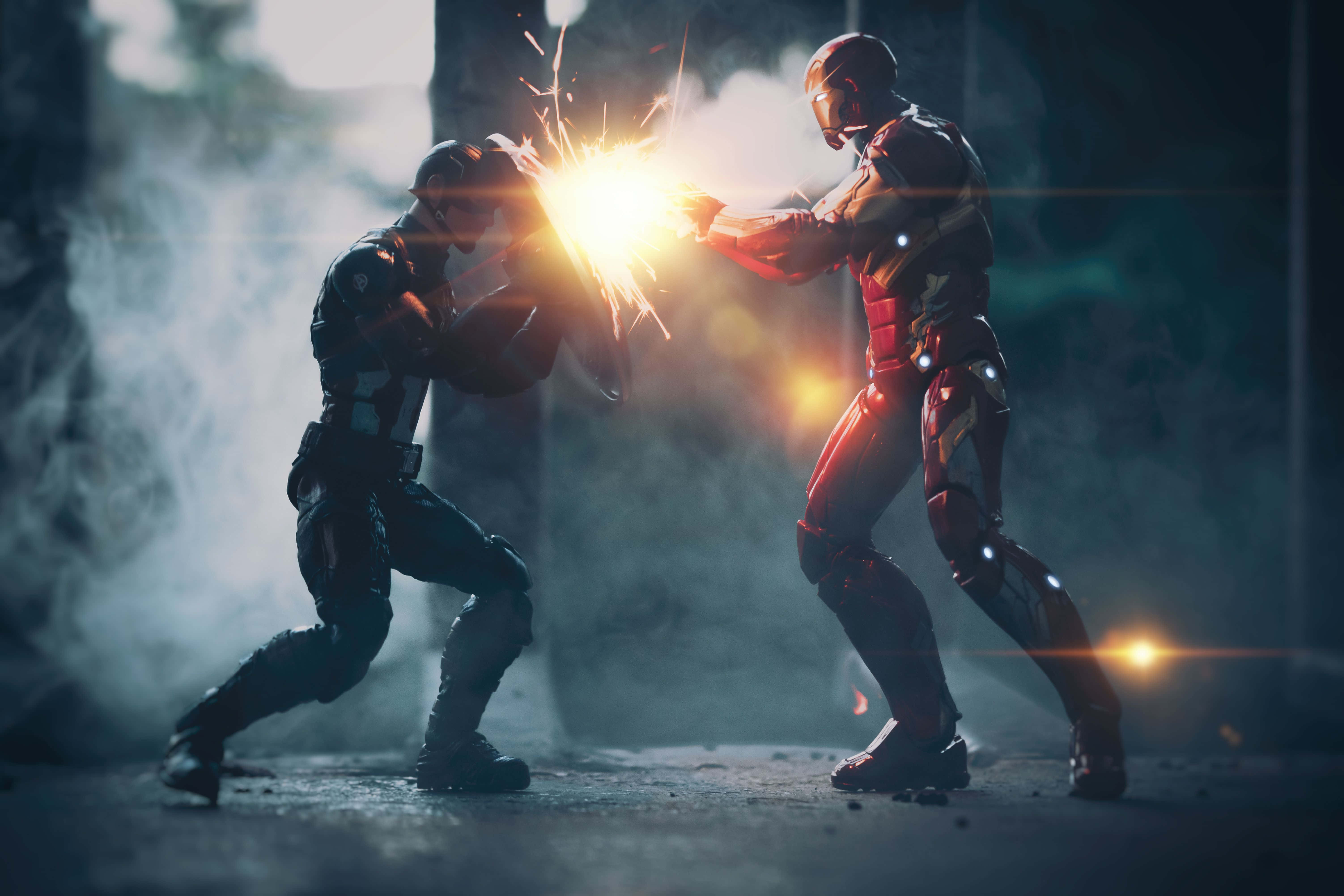 Iron Man, Captain America, smoky dimly lit environment, 5K Desktop Wallpaper