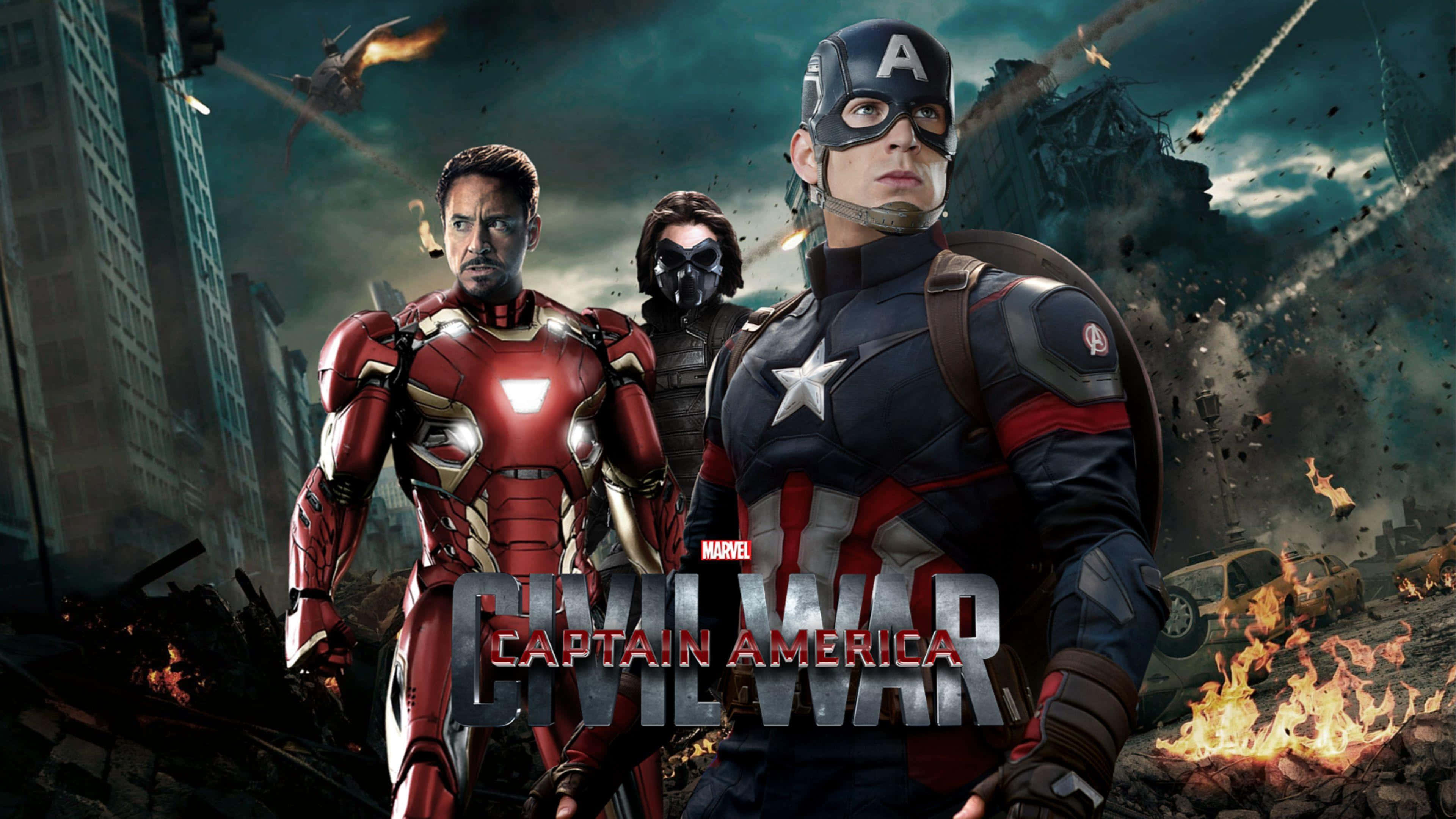 Iron Man, Captain America, war-torn cityscape, 4K Desktop Wallpaper