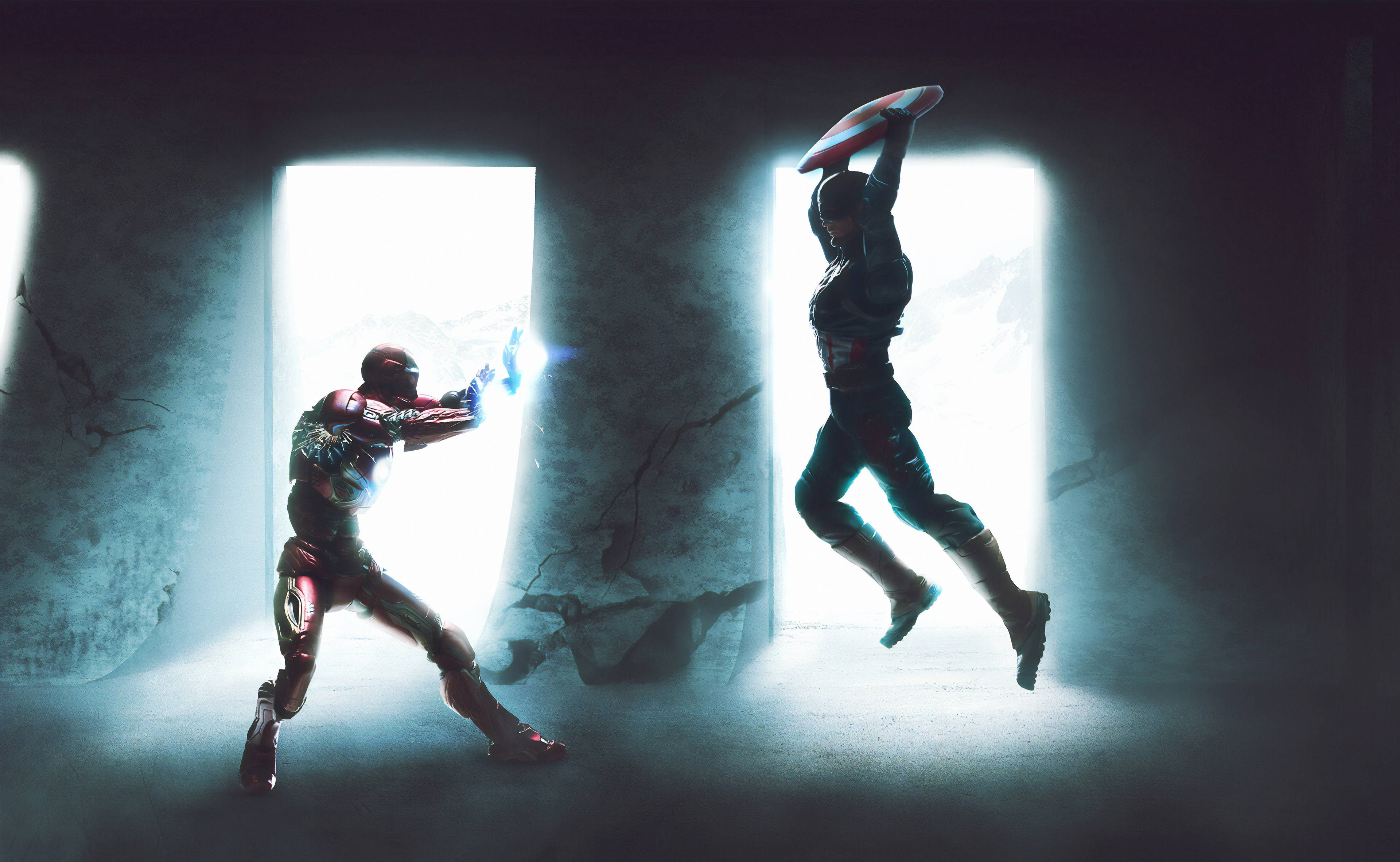 Iron Man, Captain America, glowing vertical portals, 4K Desktop Wallpaper