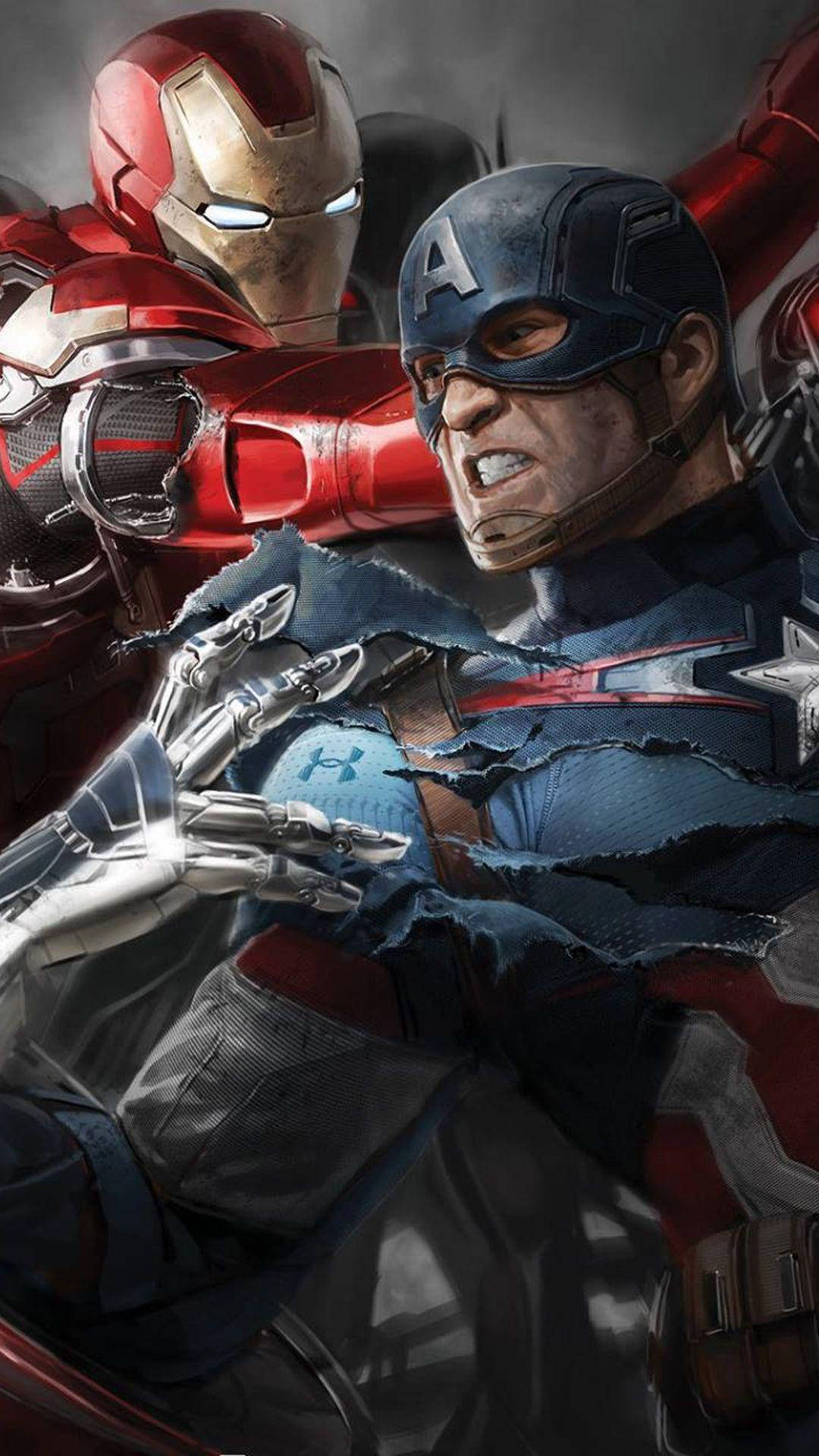 Iron Man, Captain America, digital-art battle, Full HD Phone Wallpaper