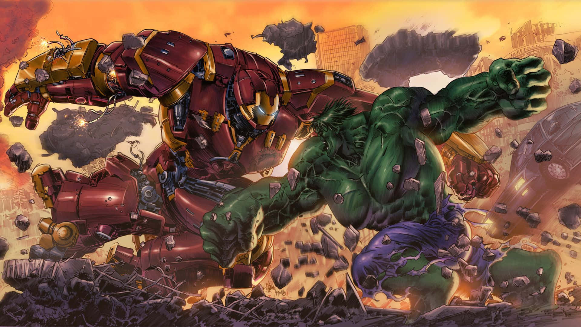 Iron Man, Hulk, fiery urban battlefield, Full HD Desktop Wallpaper