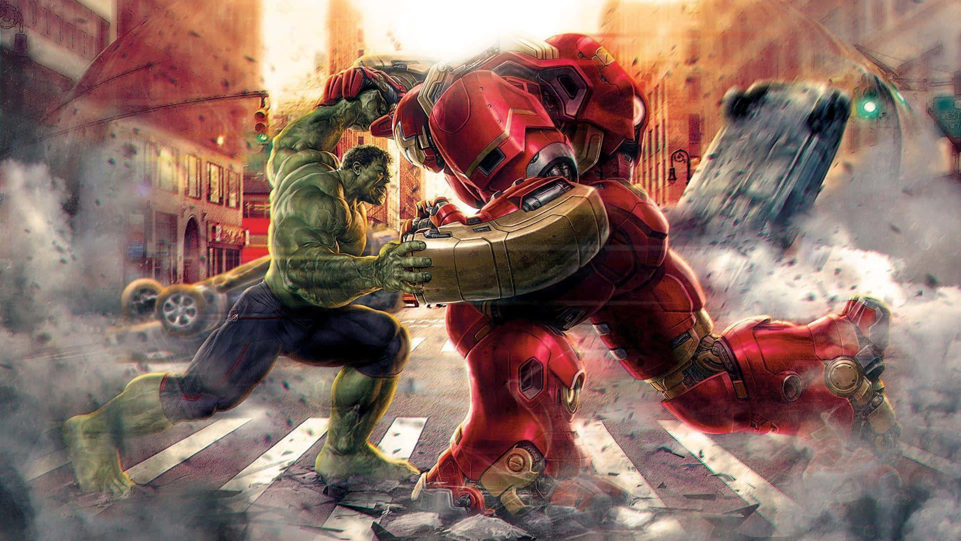 Iron Man, Hulk, urban street, Full HD Desktop Wallpaper