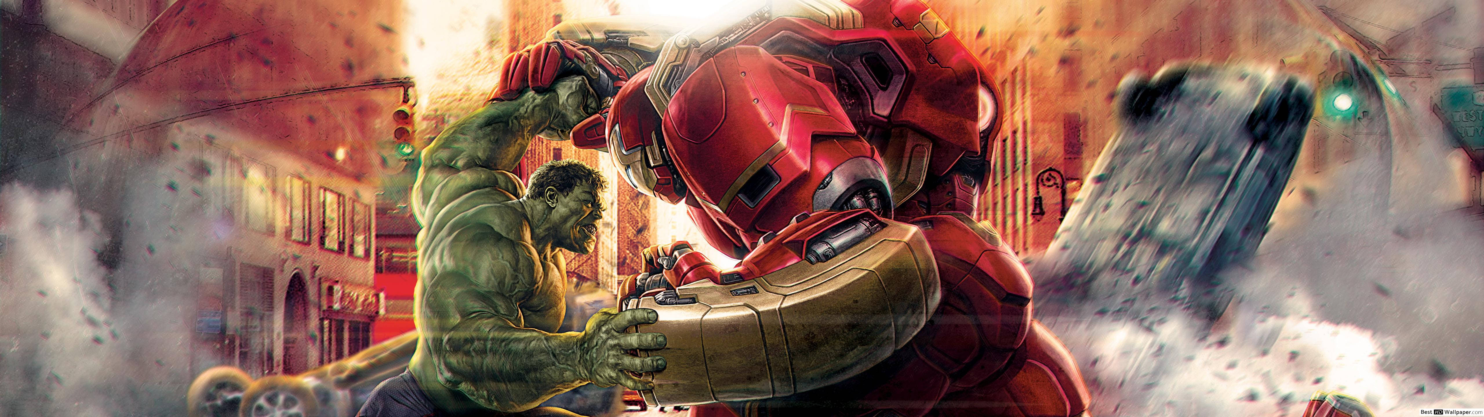 Iron Man, Hulk, fiery urban street, 5K Desktop Wallpaper