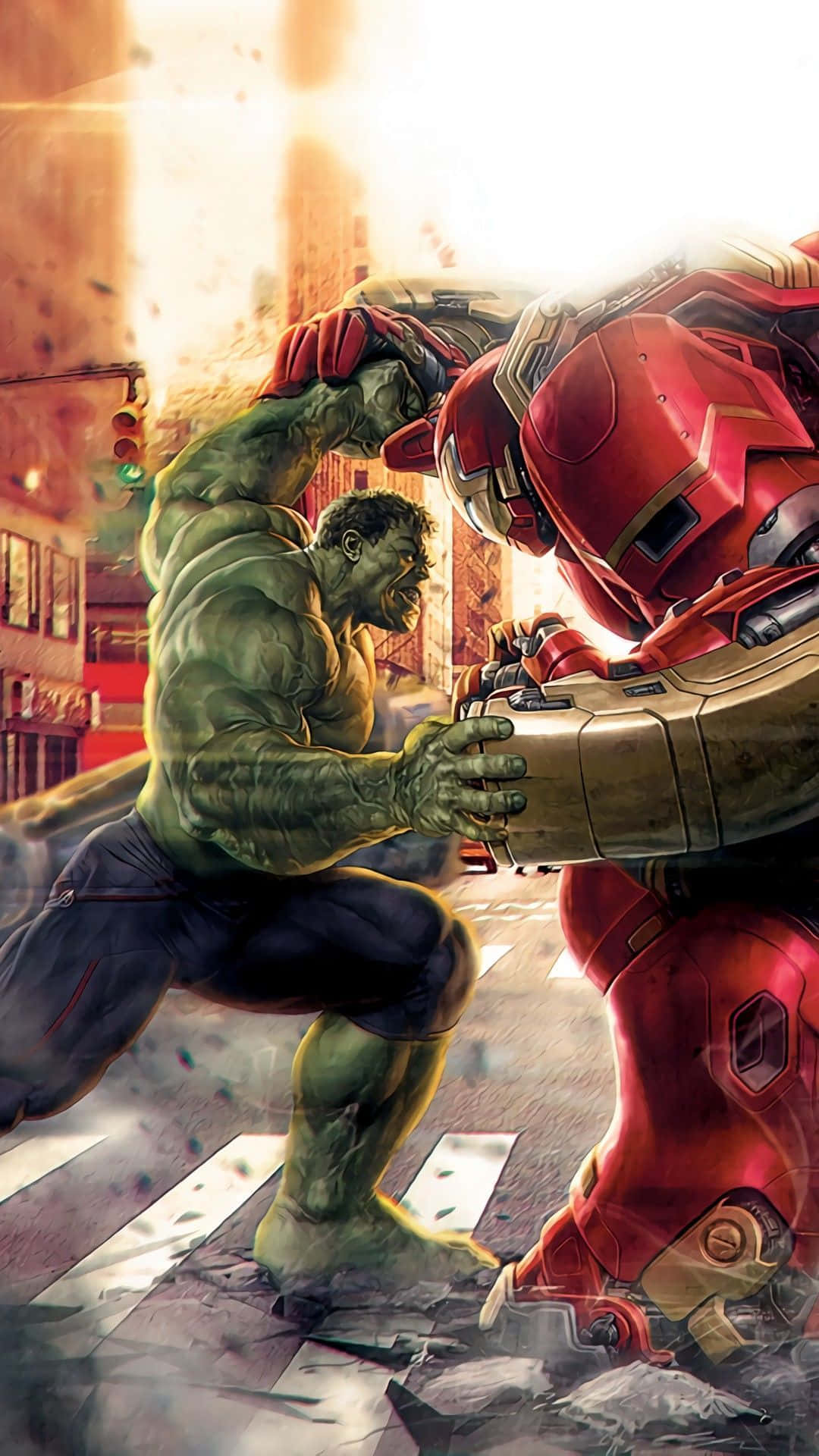 Iron Man, Hulk, urban street, Full HD Phone Wallpaper