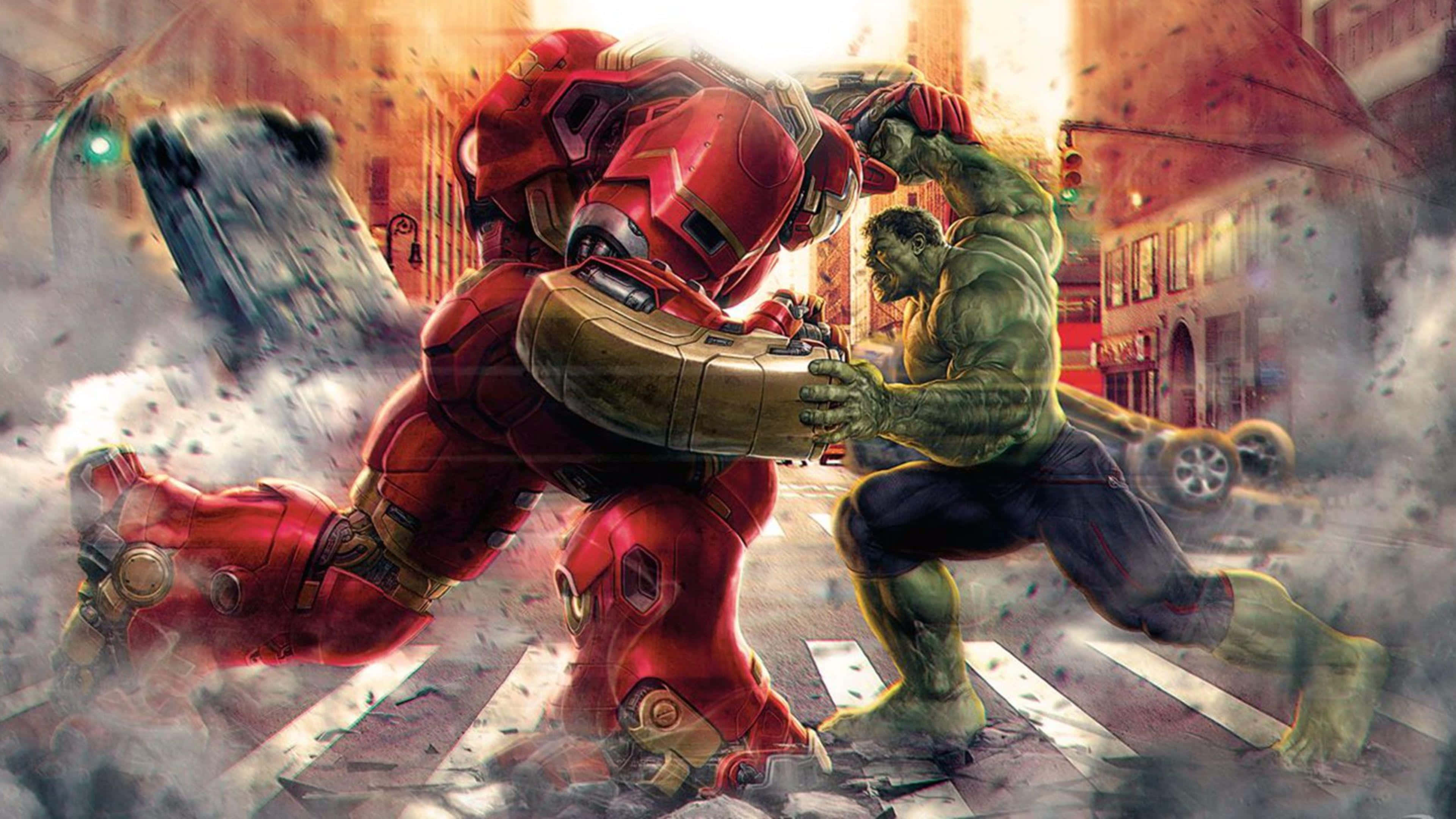 Iron Man, Hulk, urban street, 4K Desktop Wallpaper
