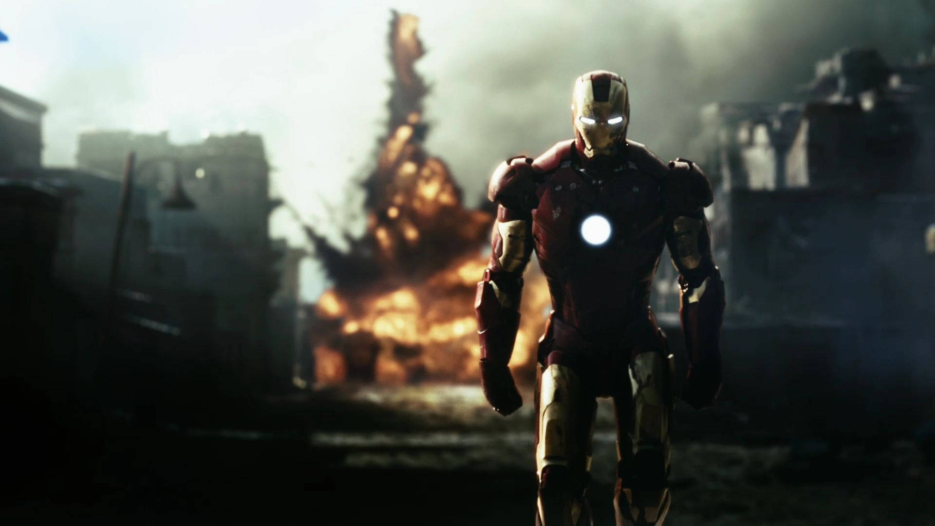 Iron Man, war-torn city, fiery orange, Full HD Desktop Wallpaper