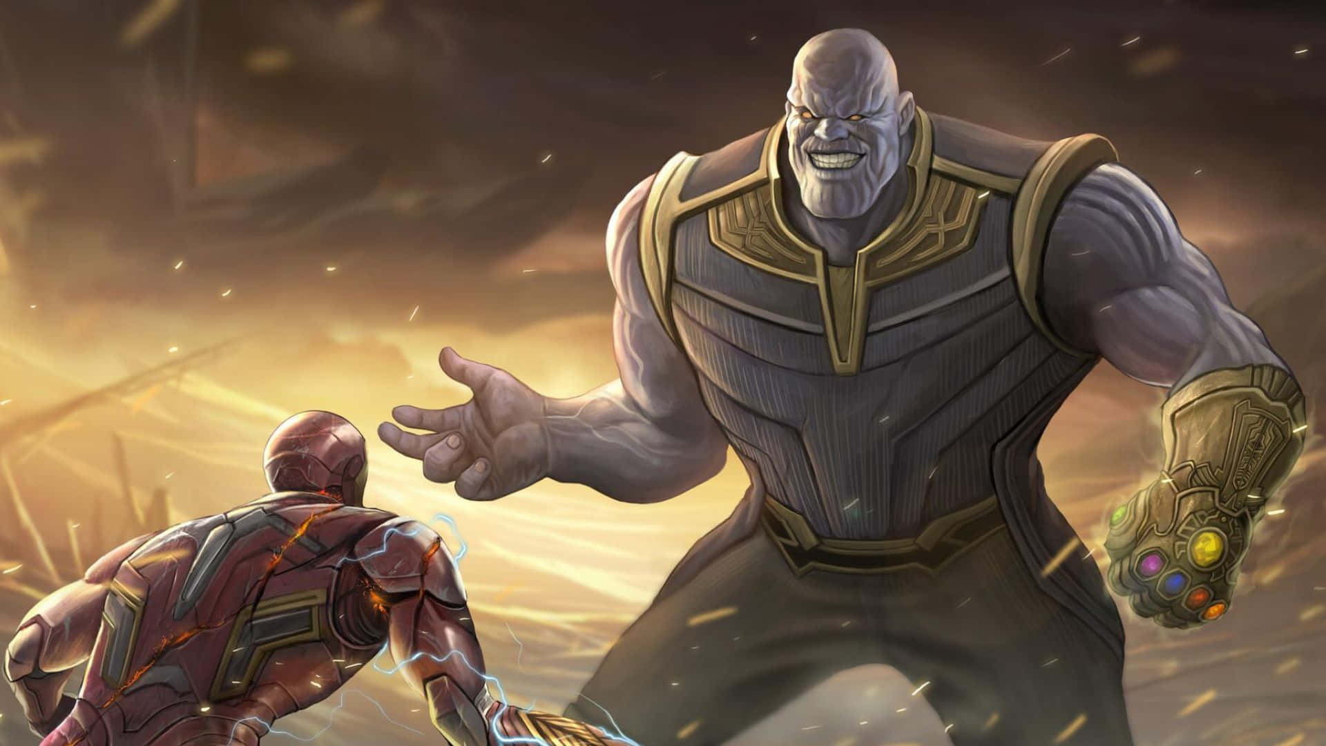 Iron Man, Thanos, fiery battle scene, Full HD Desktop Wallpaper