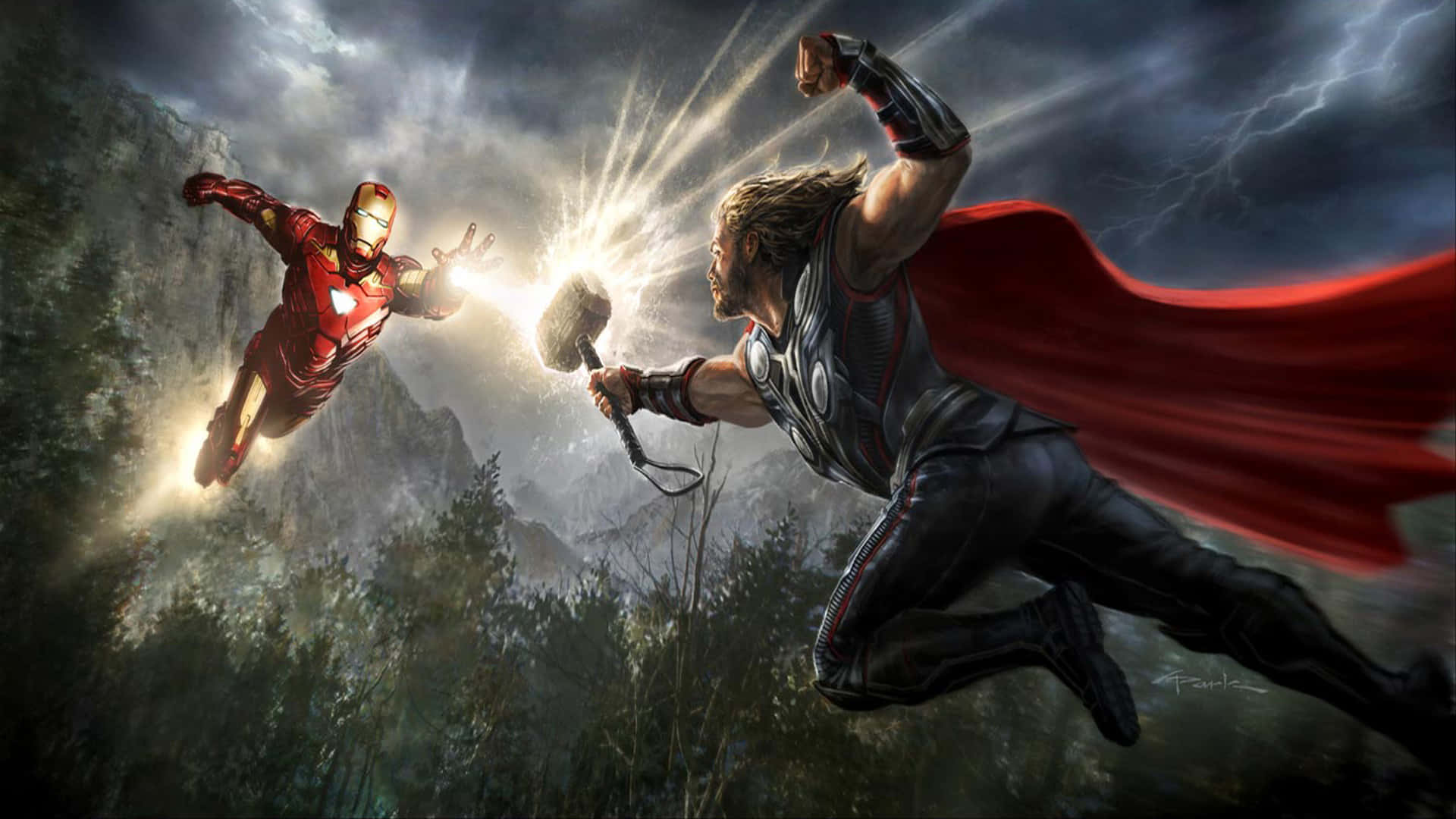 Iron Man, Thor, mid-air clash, Full HD Desktop Wallpaper