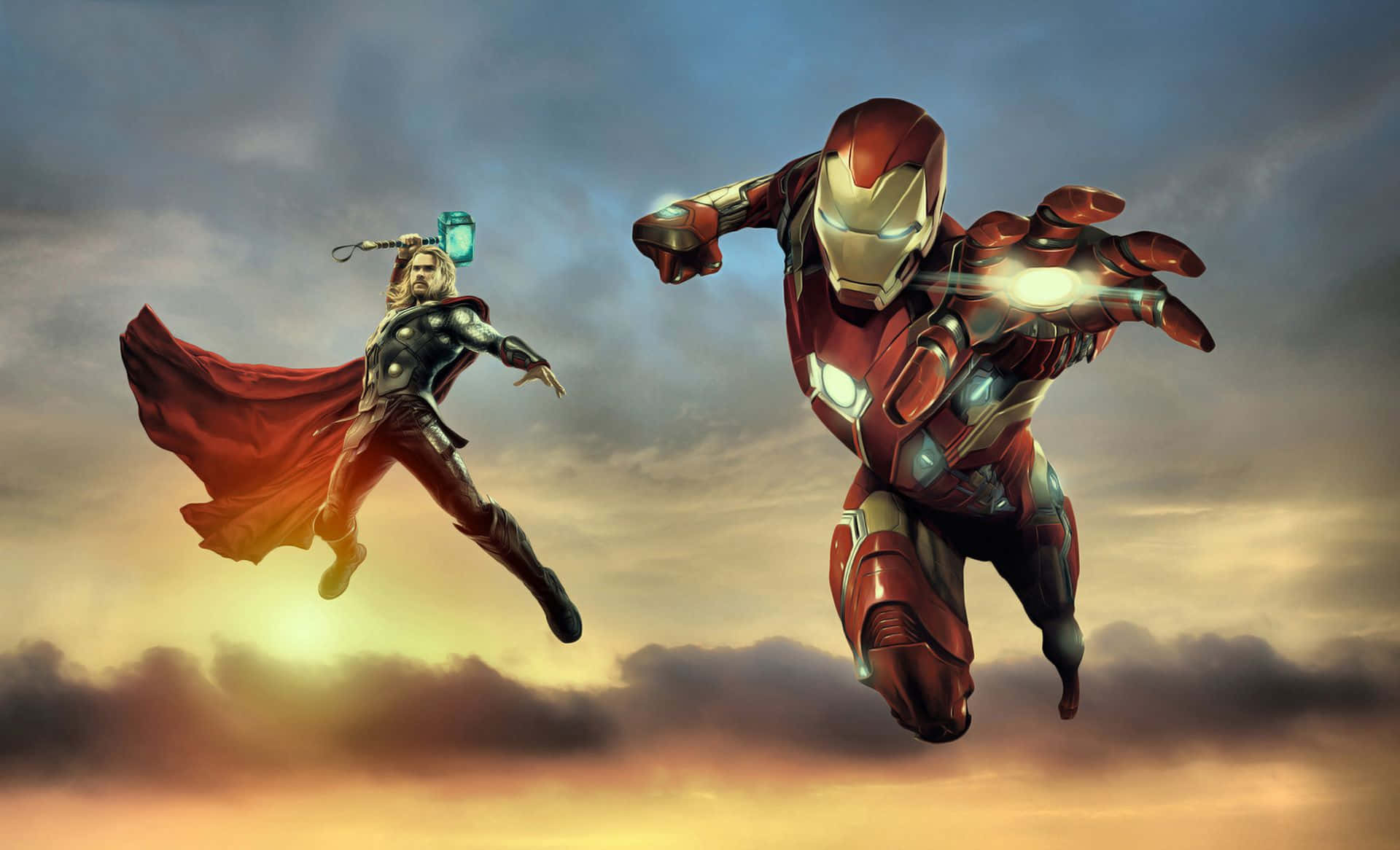 Iron Man, Thor, dramatic sunset sky, Full HD Desktop Wallpaper