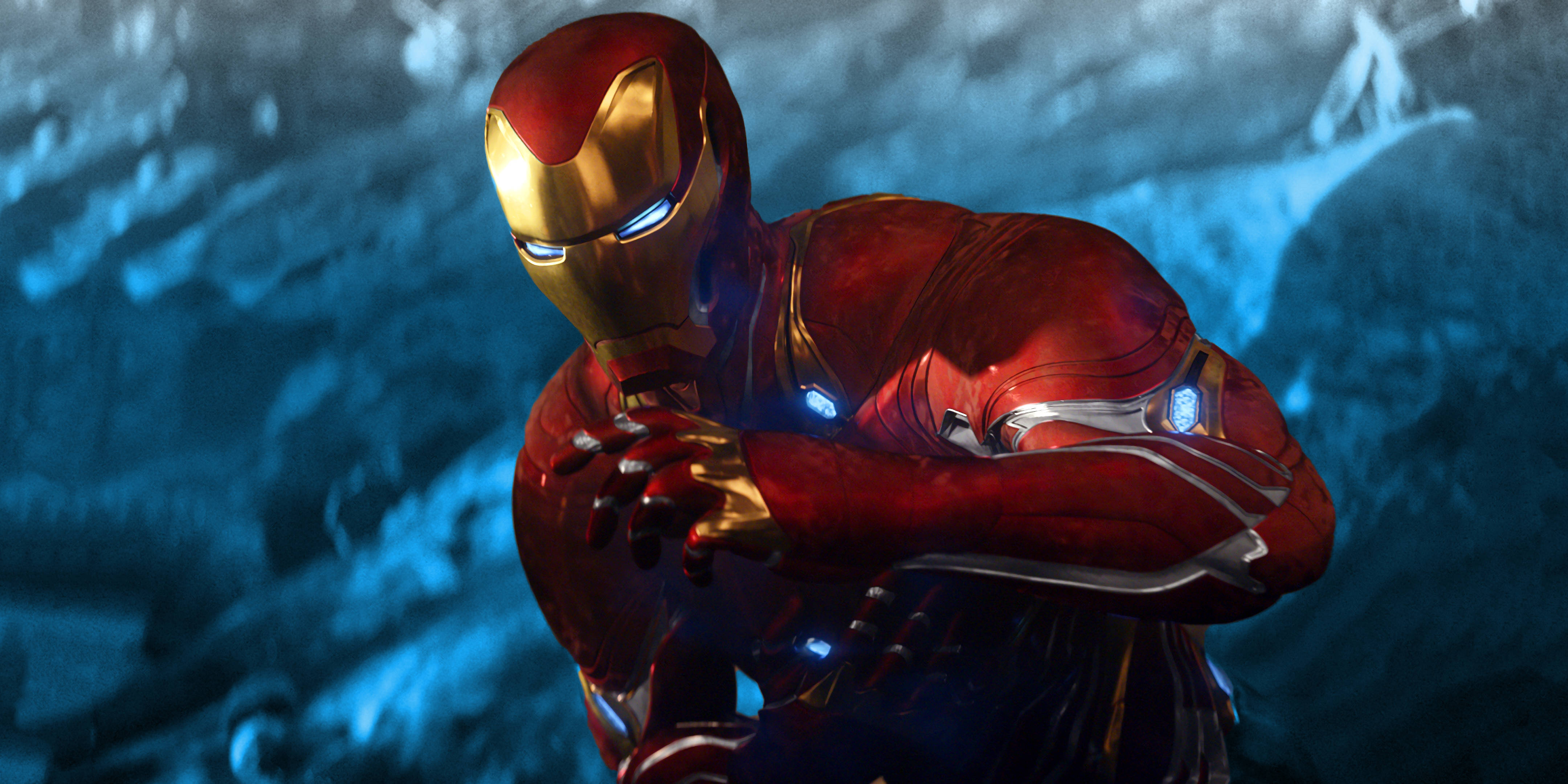 Iron Man, red and gold armor, blue icy backdrop, 4K Desktop Wallpaper