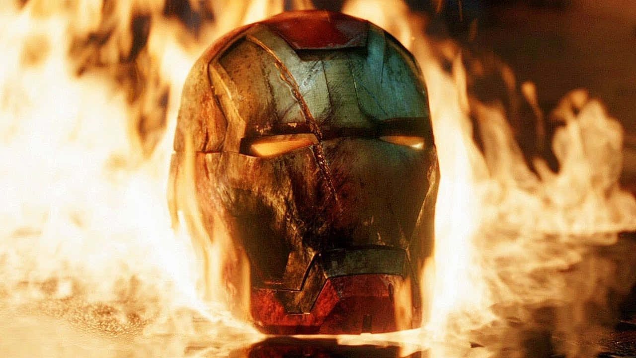 Iron Man helmet, damaged in fire, roaring flames, HD Desktop Wallpaper
