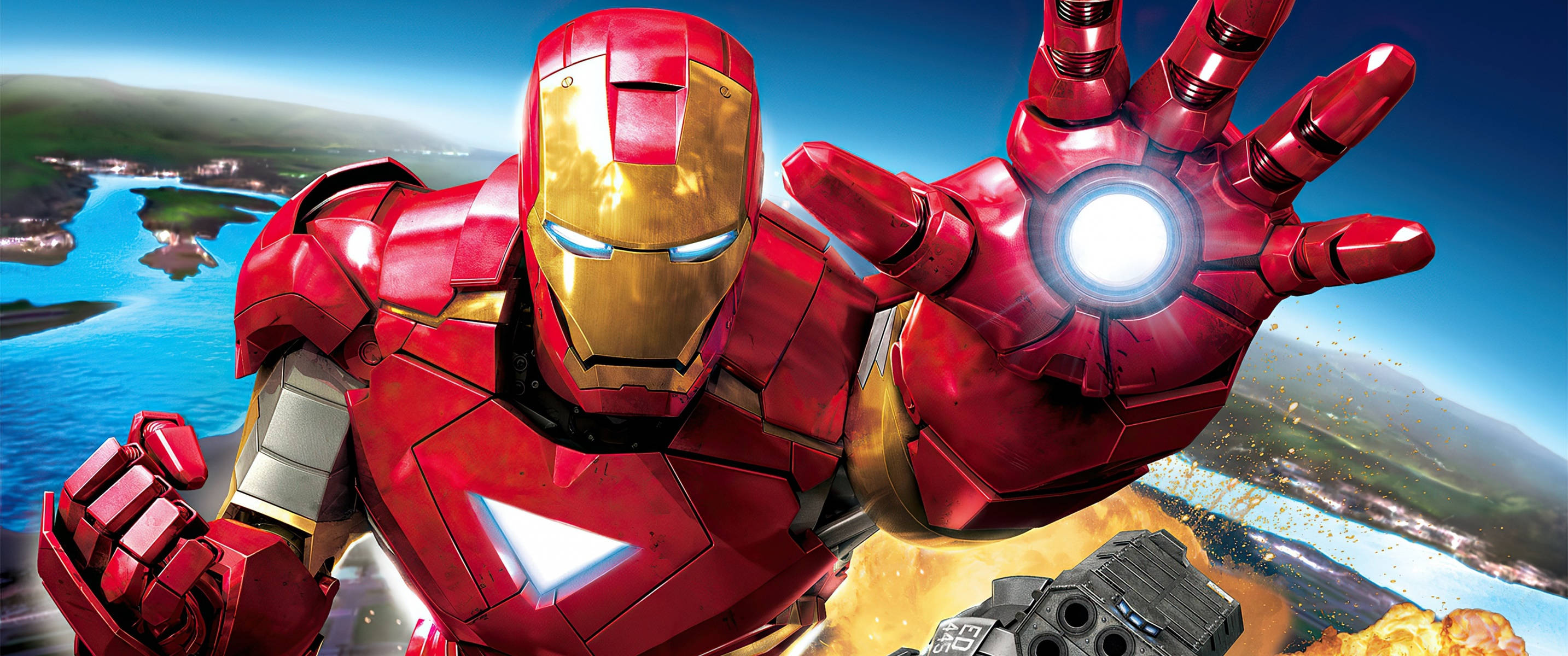 Iron Man, red and gold armor, coastal cityscape, 2K Desktop Wallpaper