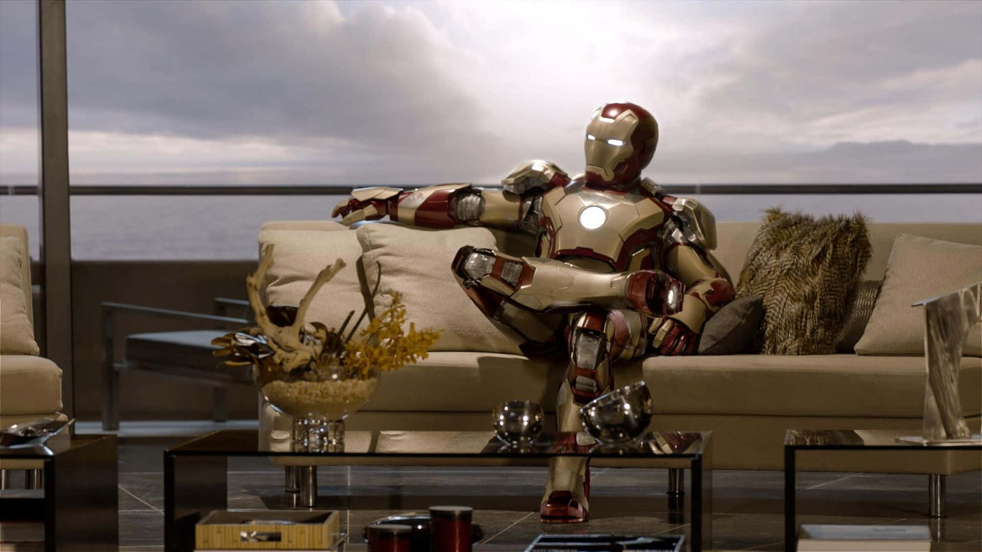 Iron Man, red gold armor, beige sofa, Full HD Desktop Wallpaper
