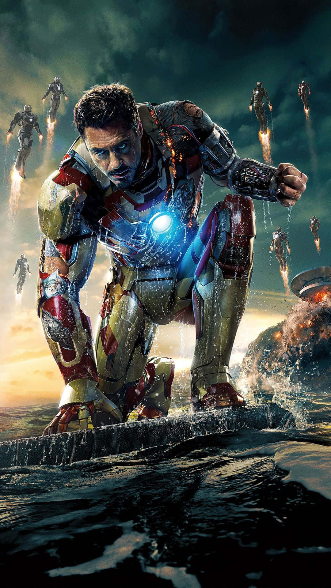 Iron Man, battle-worn armor, shattered platform, Full HD Phone Wallpaper