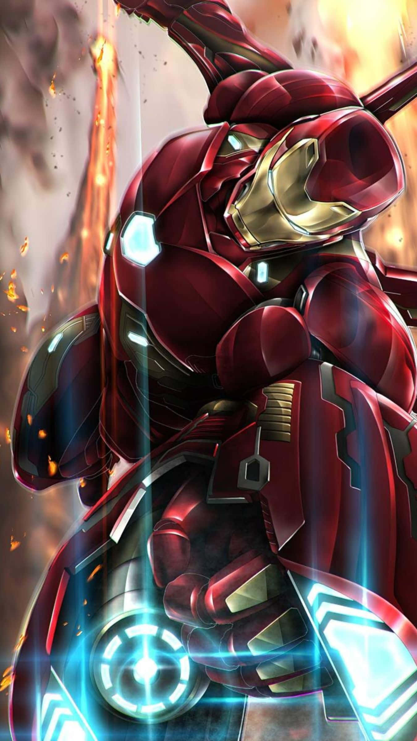 Iron Man, red and gold armor, glowing blue repulsors, Full HD Phone Wallpaper