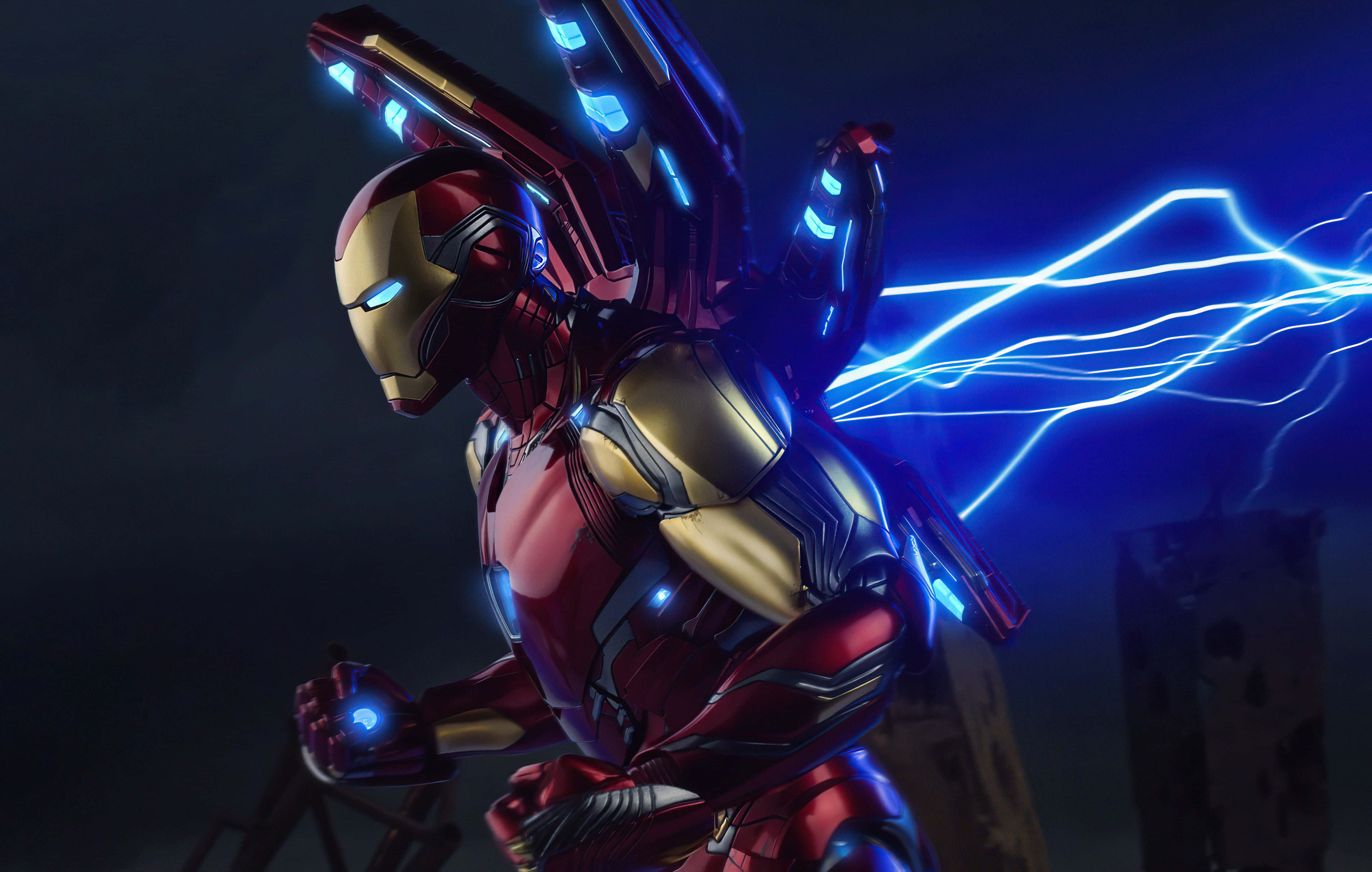 Iron Man, red gold armor, glowing blue repulsors, 5K Desktop Wallpaper