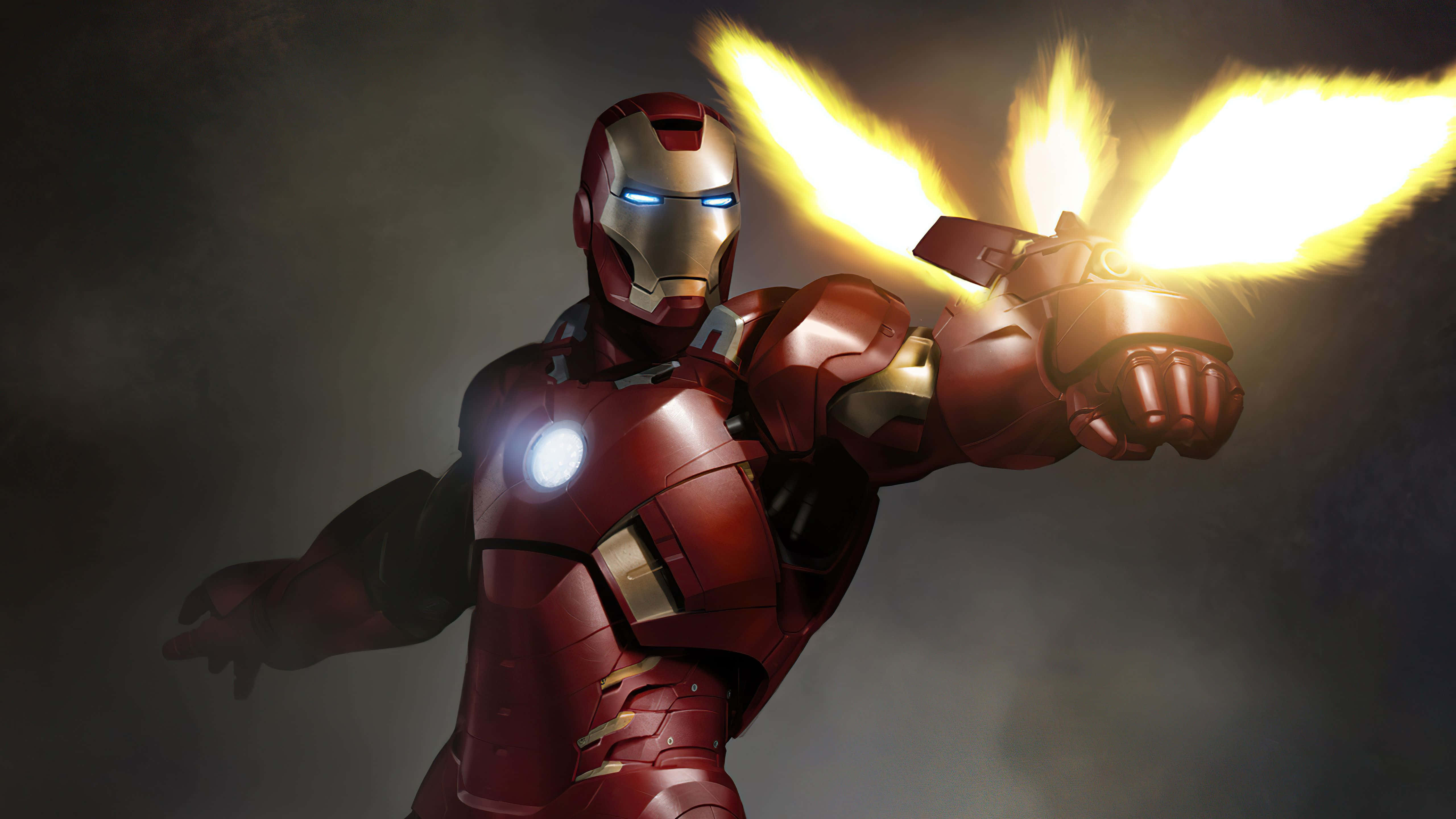 Iron Man, red and gold armor, bright yellow repulsor beams, 5K Desktop Wallpaper