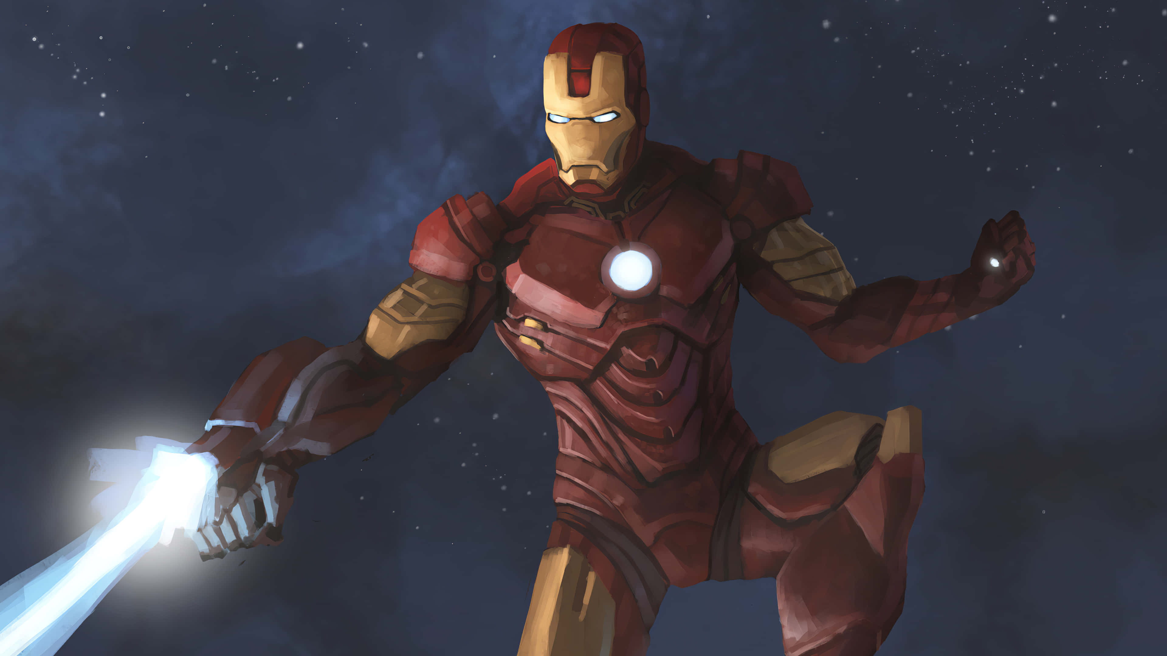 Iron Man, red gold armor, glowing blue energy sword, 4K Desktop Wallpaper