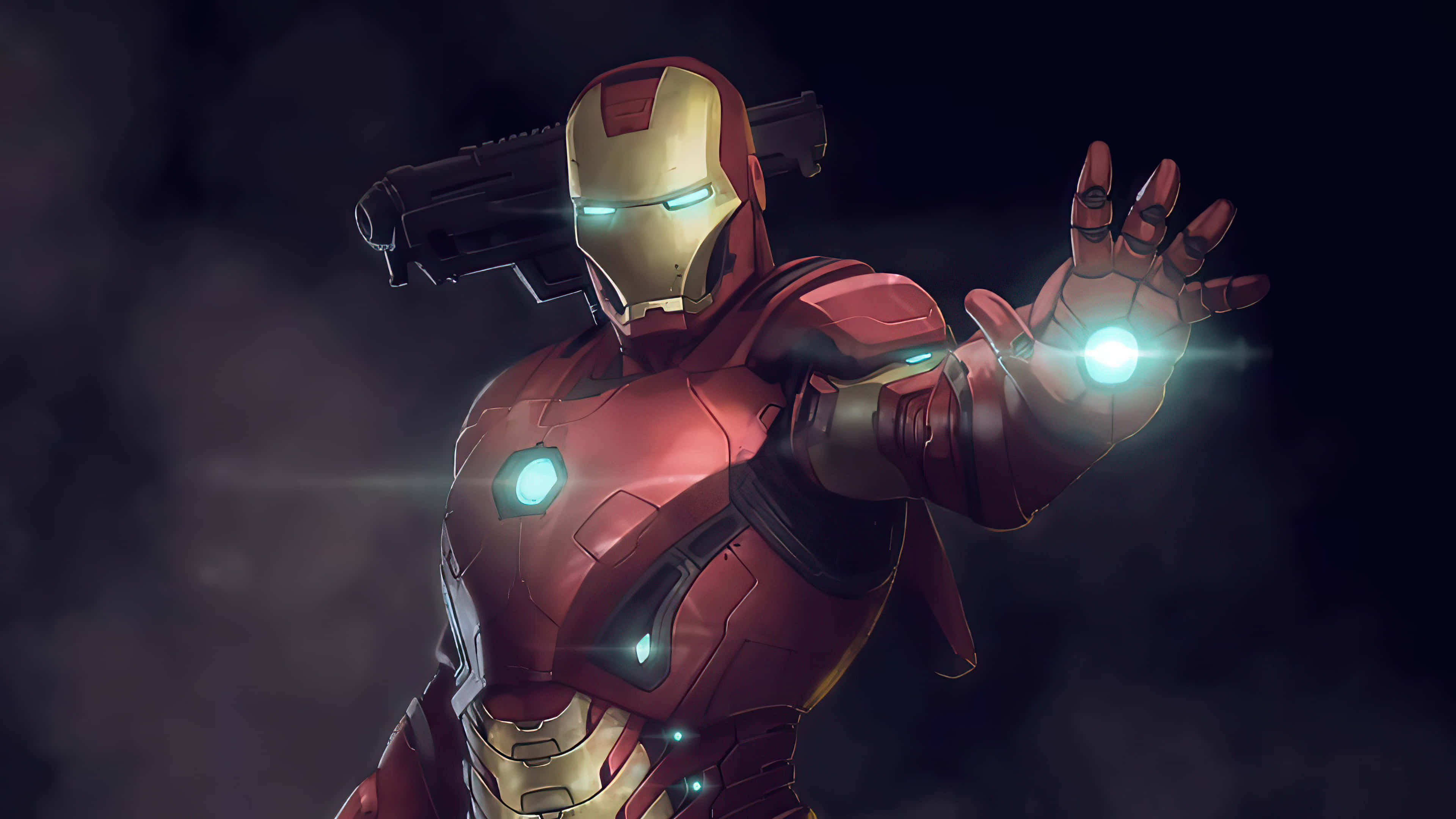 Iron Man, red and gold armor, glowing repulsor, 4K Desktop Wallpaper