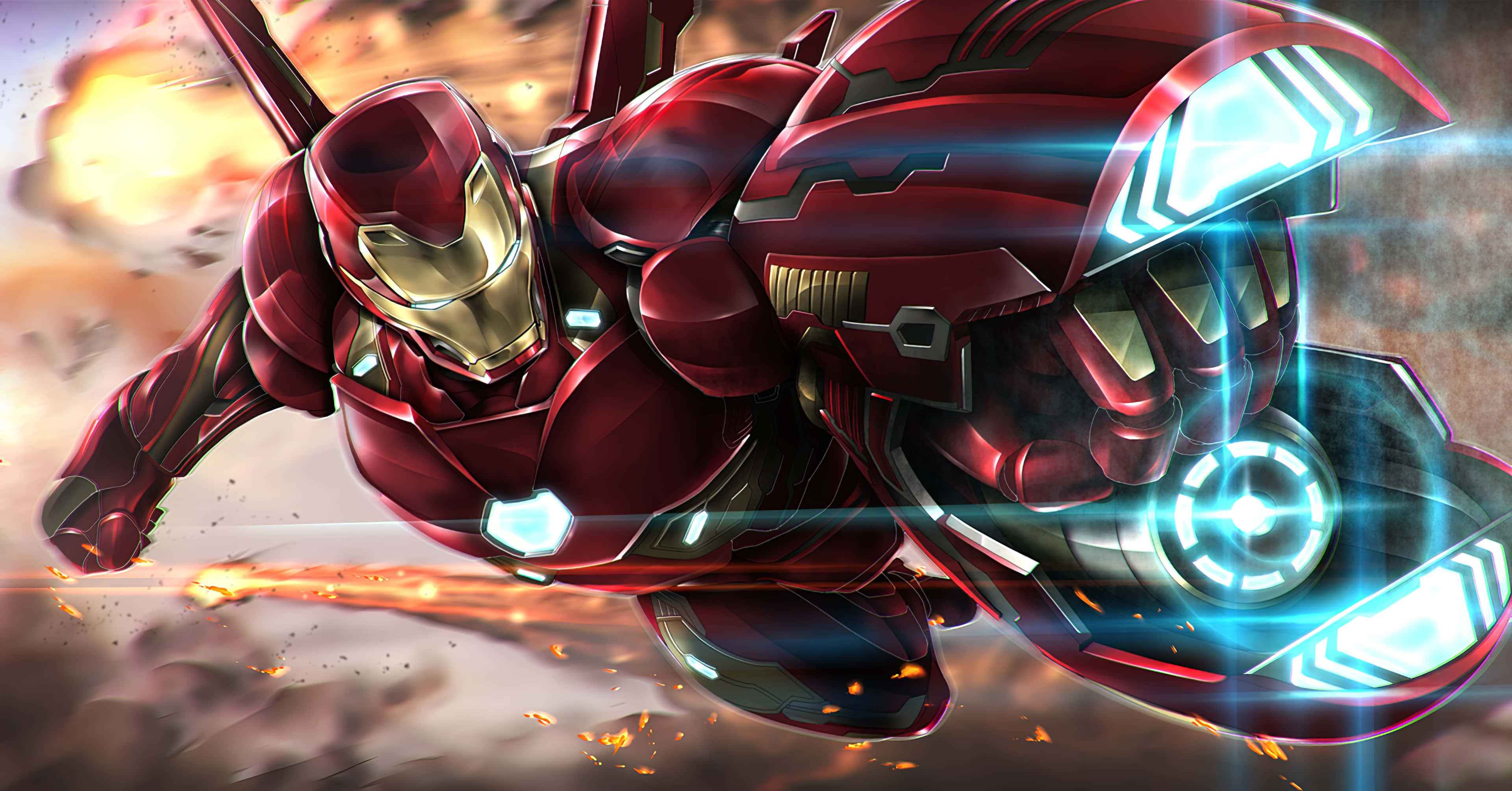 Iron Man, red and gold armor, glowing blue repulsors, 4K Desktop Wallpaper