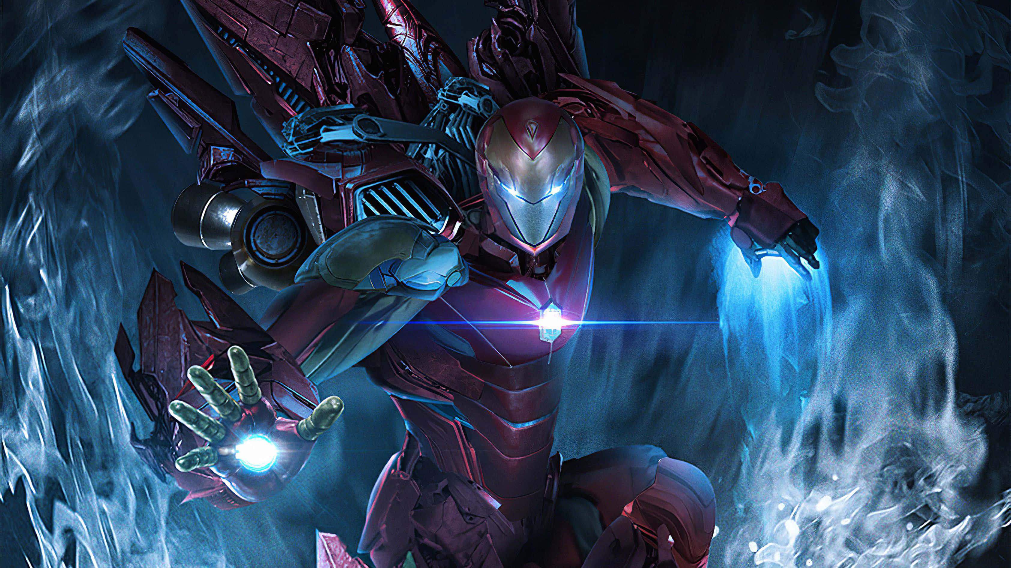 Iron Man, red and gold armor, blue energy, 2K Desktop Wallpaper