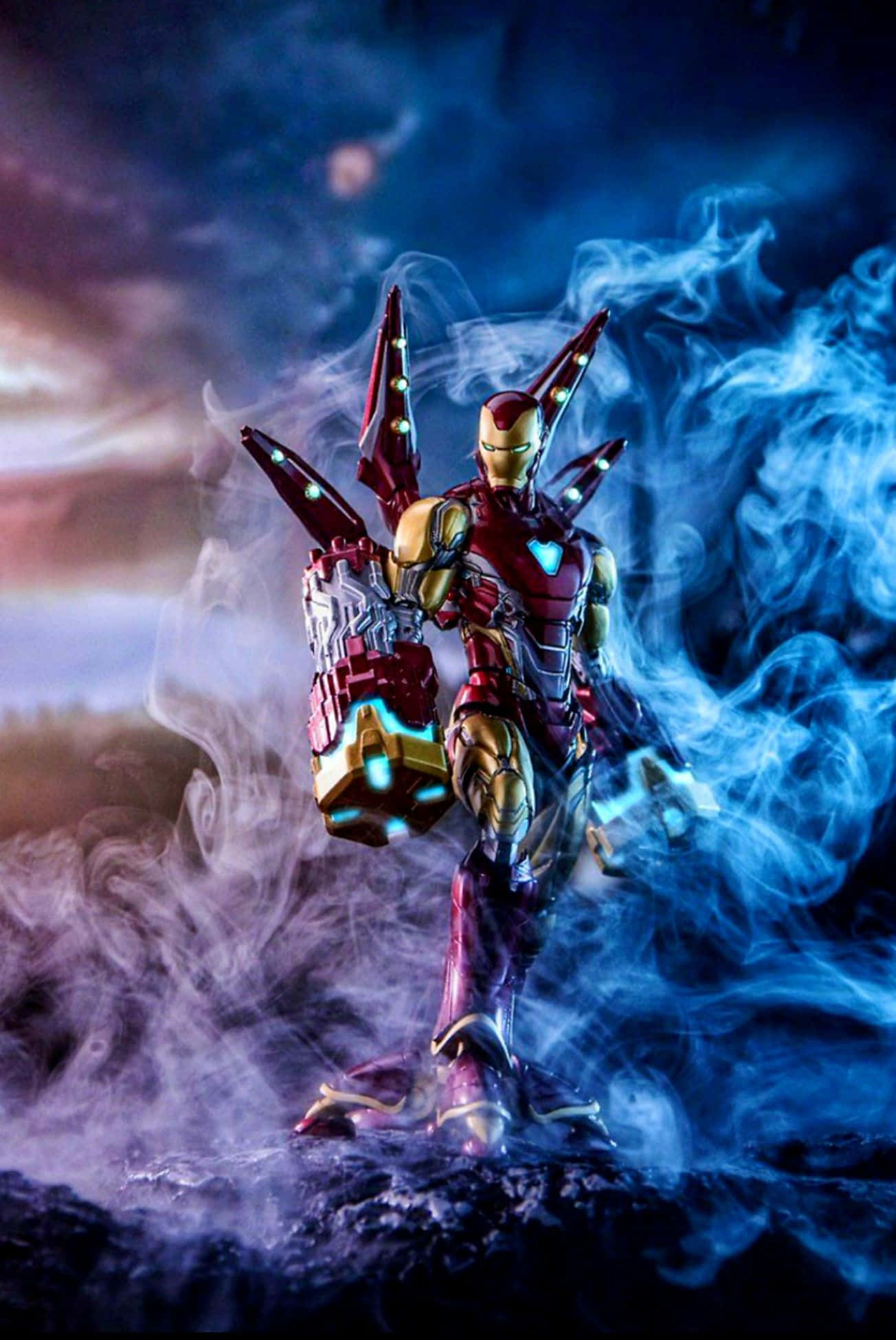 Iron Man, red gold armor, swirling blue smoke, Full HD Phone Wallpaper