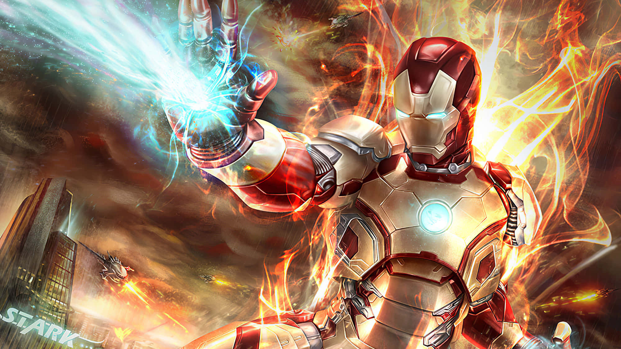 Iron Man, red gold armor, blue repulsor blast, Full HD Desktop Wallpaper