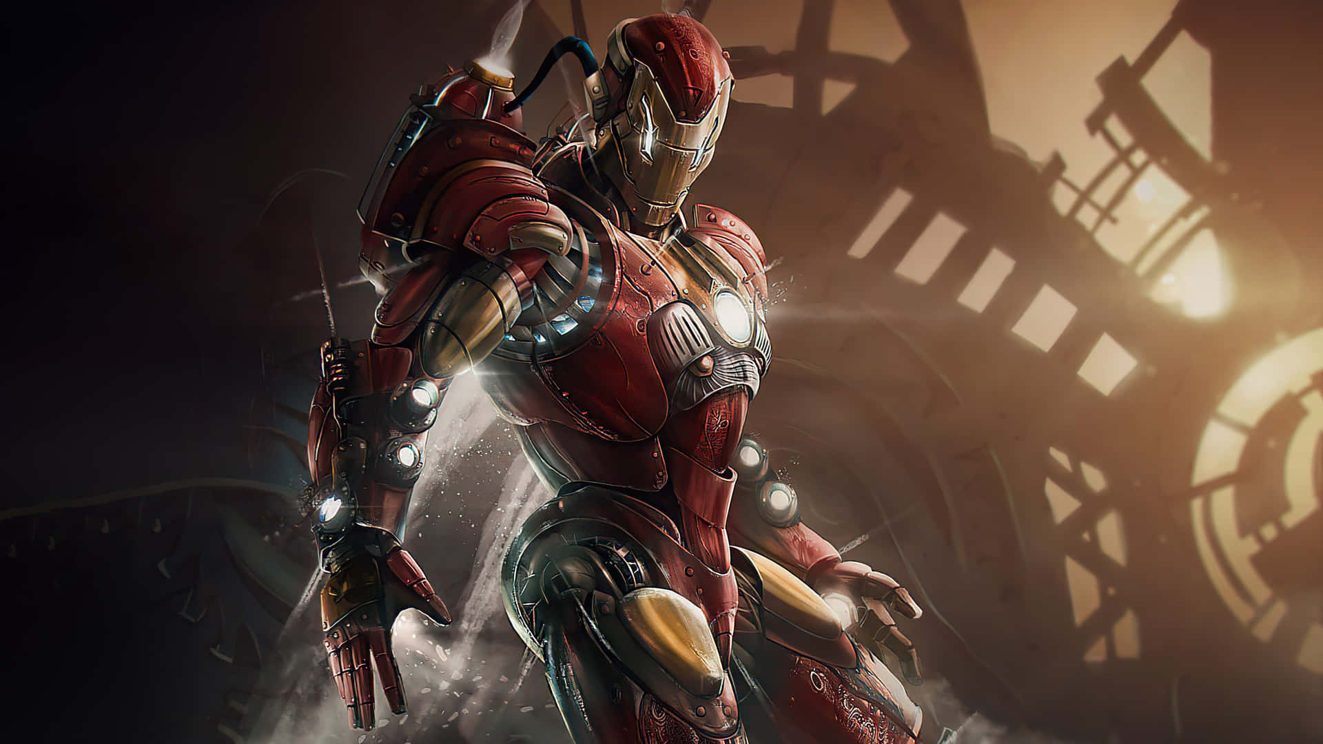 Iron Man, red and gold armored superhero, dimly lit industrial setting, Full HD Desktop Wallpaper