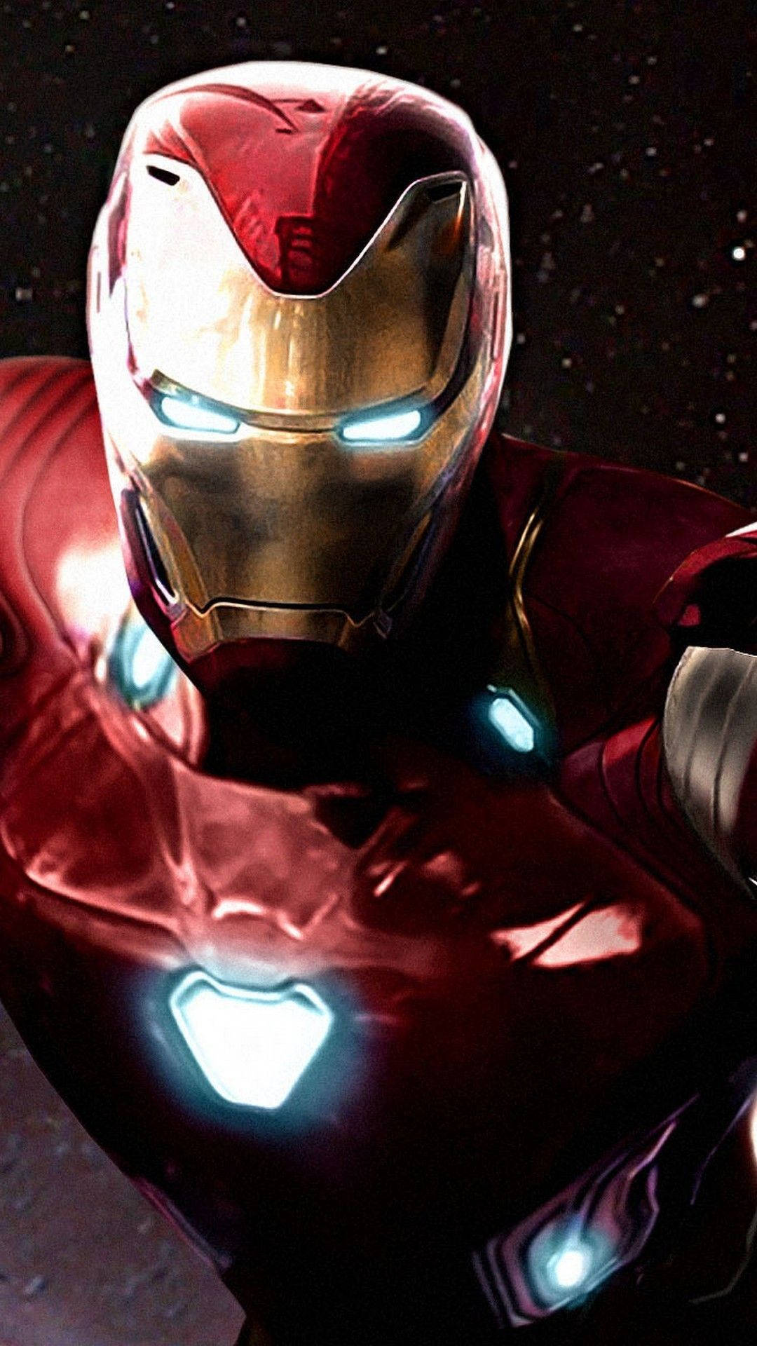 Iron Man, glowing red and gold armor, starry cosmic backdrop, Full HD Phone Wallpaper