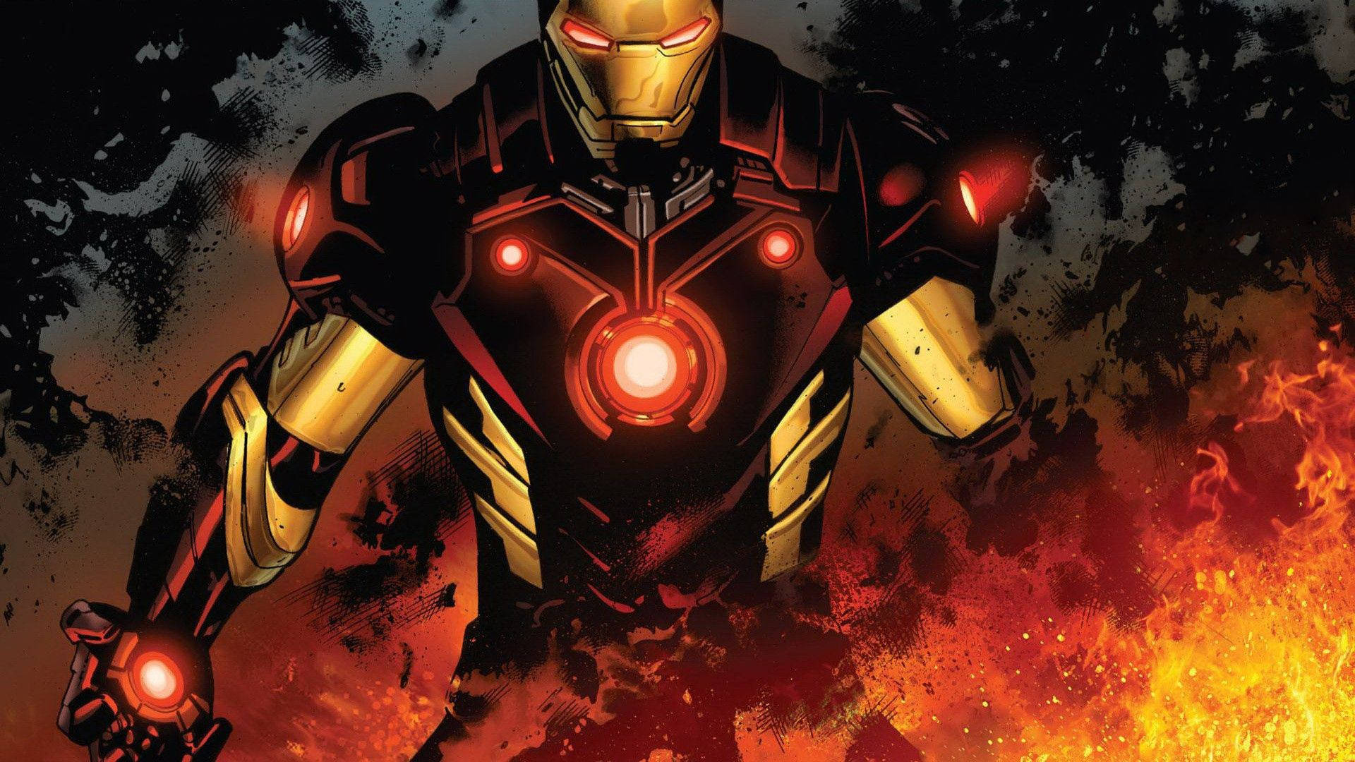 Iron Man, red and gold armor, fiery explosions, Full HD Desktop Wallpaper