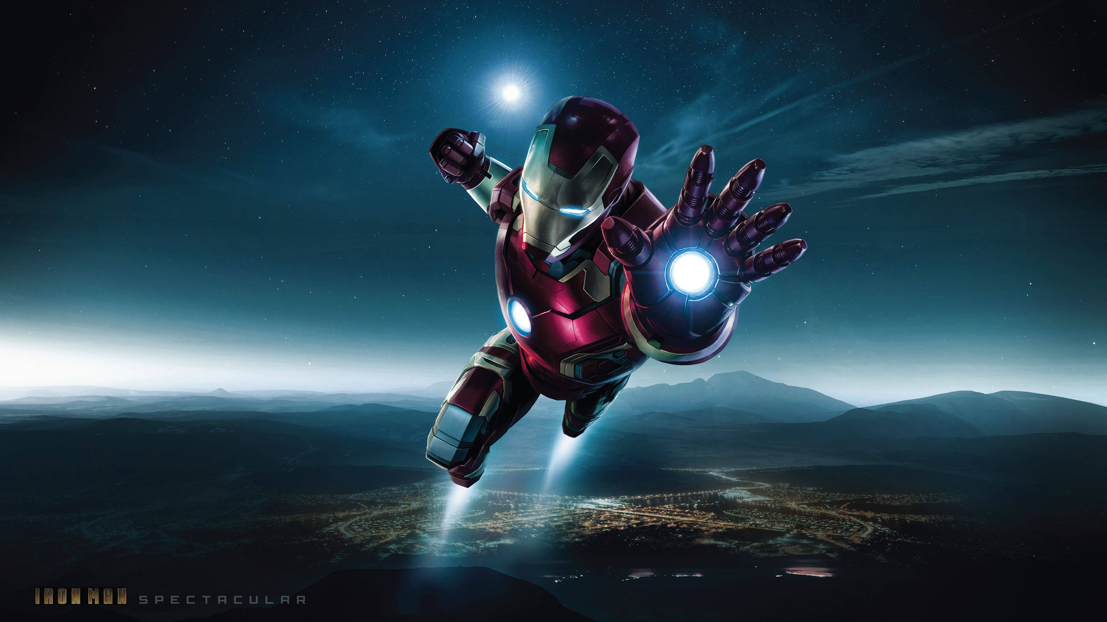 Iron Man, starry night sky, glowing cityscape, 4K Desktop Wallpaper