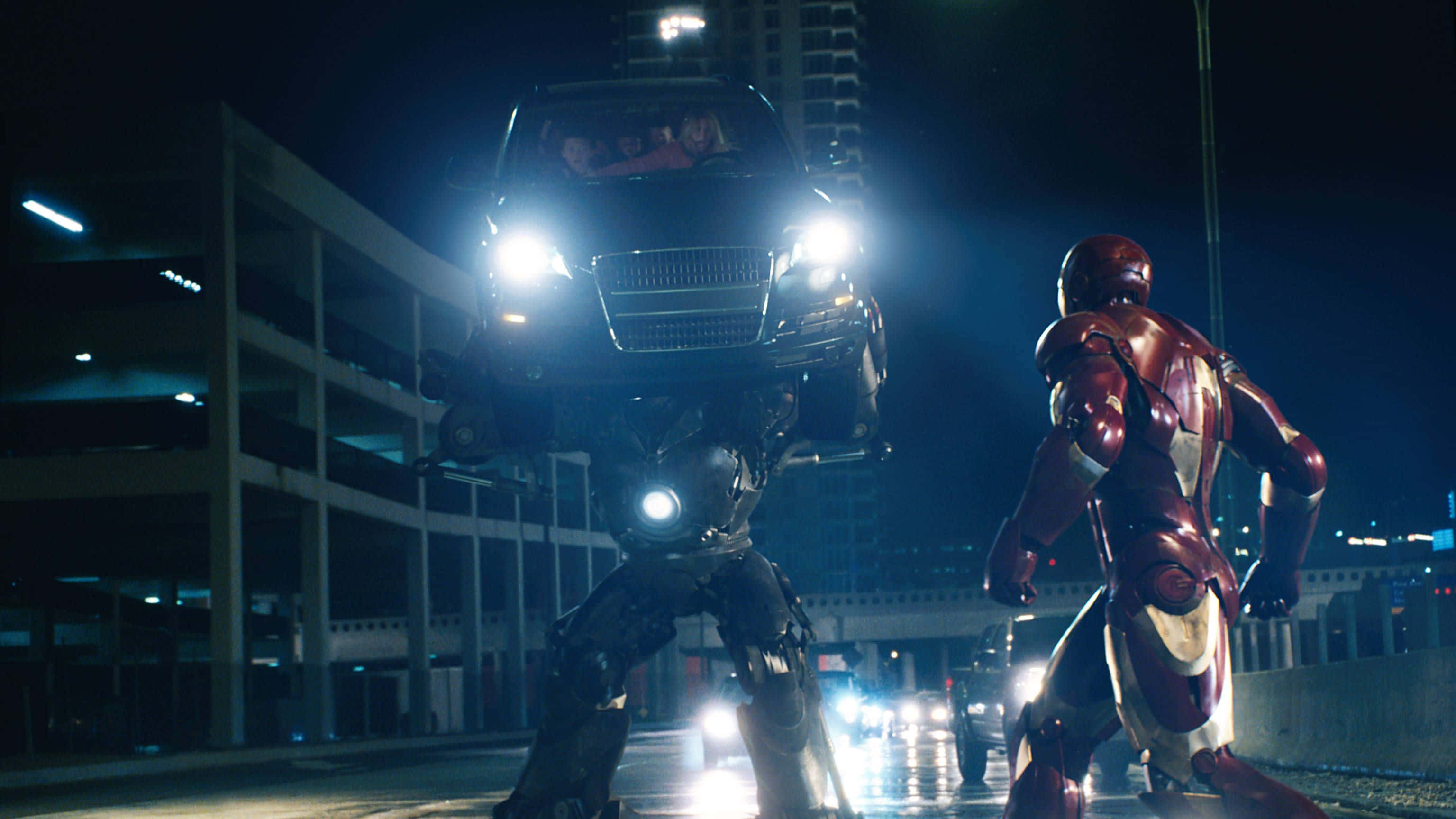 Iron Monger, Iron Man, neon-lit urban parking garage, 2K Desktop Wallpaper