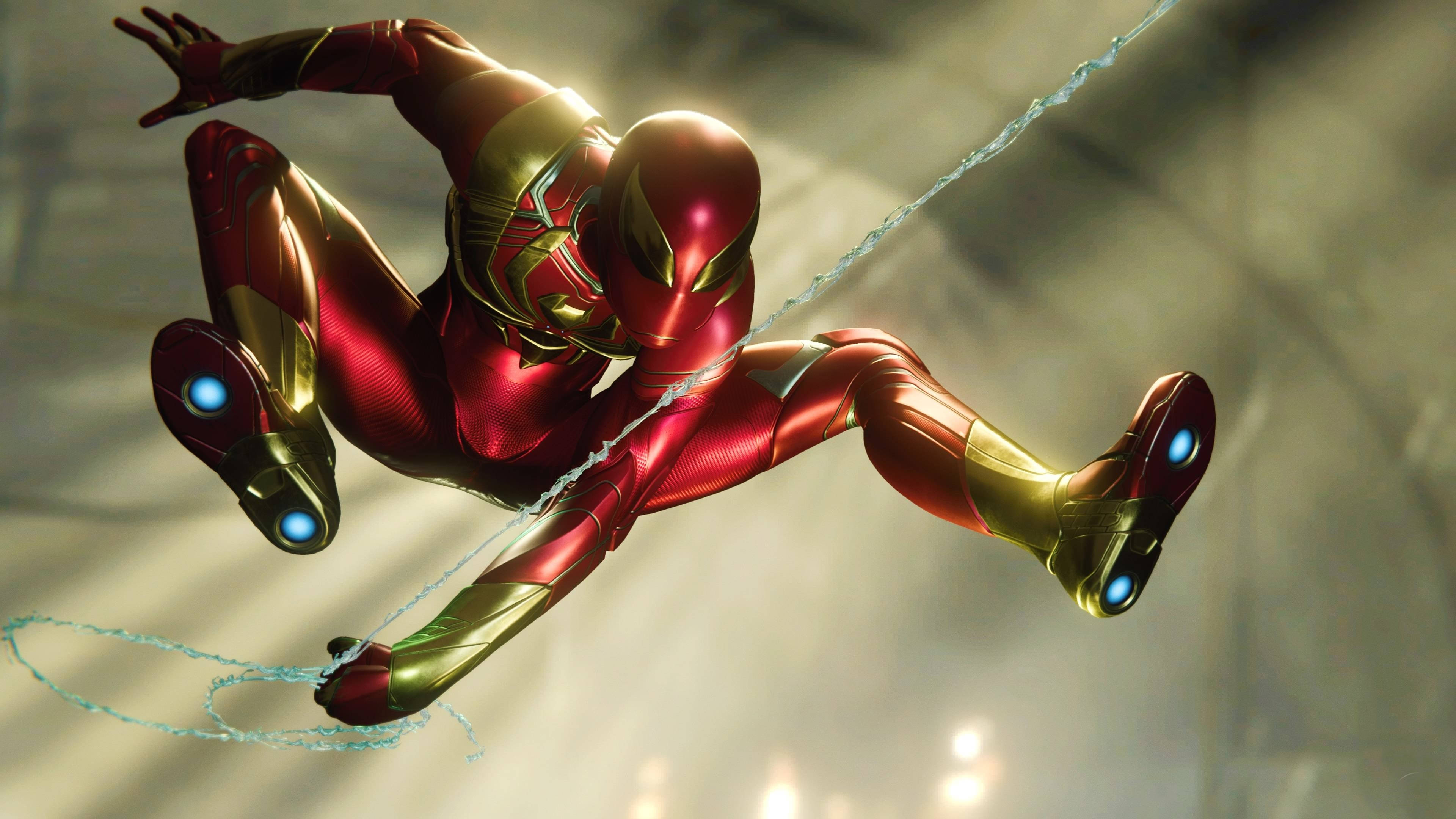 Iron Spider, red and gold armor, glowing blue boots, 4K Desktop Wallpaper