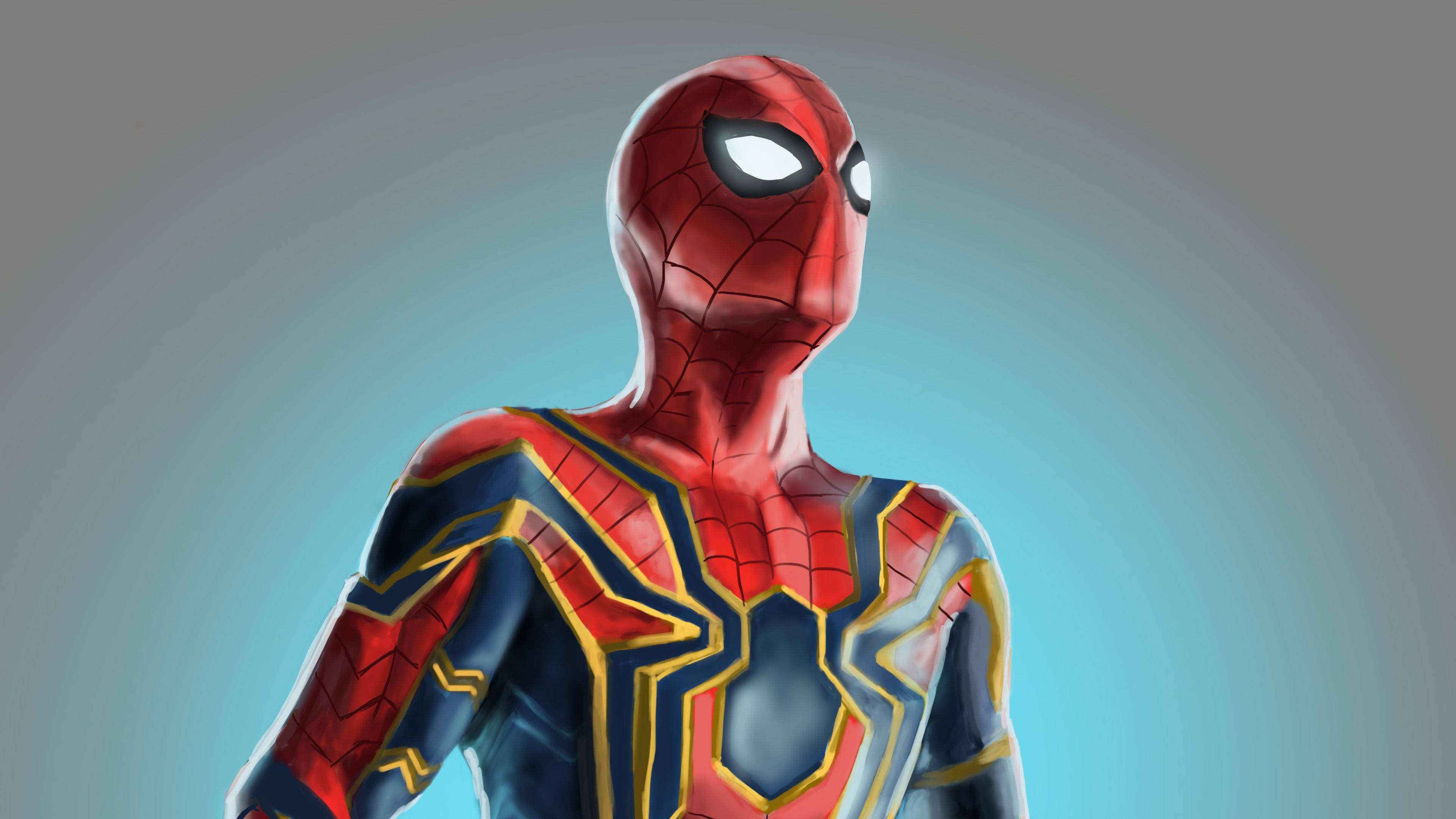 Iron Spider, red blue and gold suit, soft gradient blue background, 4K Desktop Wallpaper