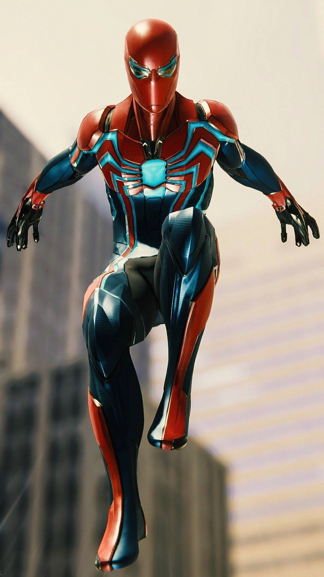 Iron Spider, red blue and silver suit, skyscrapers, Full HD Phone Wallpaper