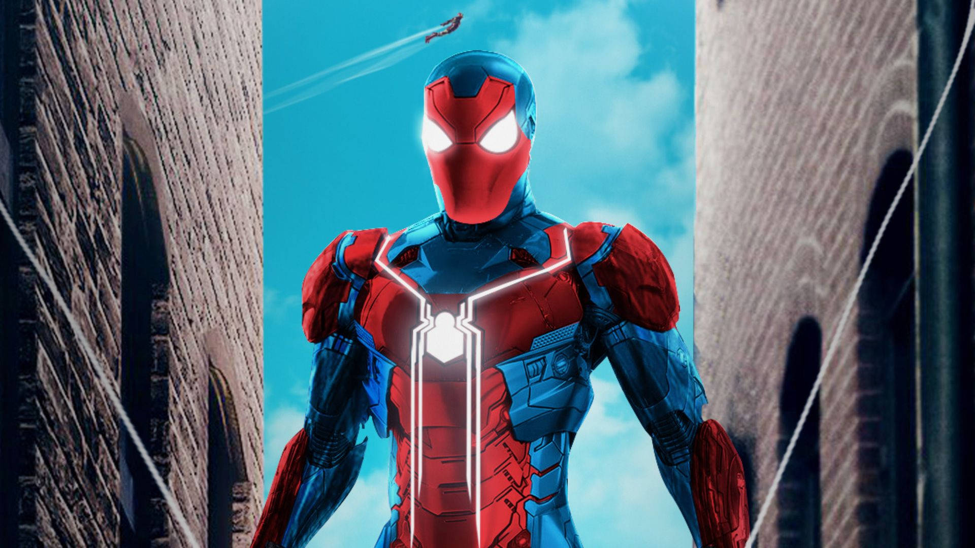 Iron Spider, red and blue, brick buildings, Full HD Desktop Wallpaper