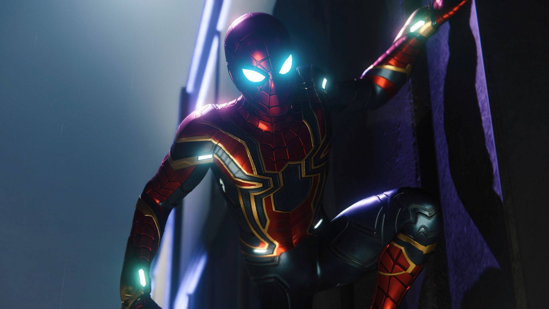 Iron Spider Armor, red gold and black armored suit, glowing blue eyes, Full HD Desktop Wallpaper