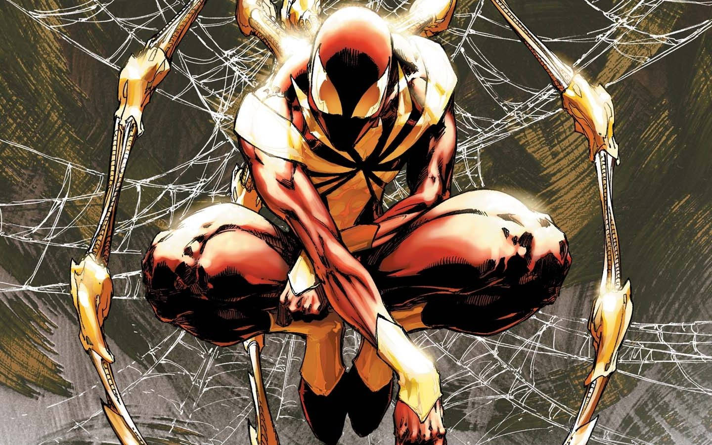 Iron Spider, red and gold suit, glowing webbing, HD Desktop Wallpaper
