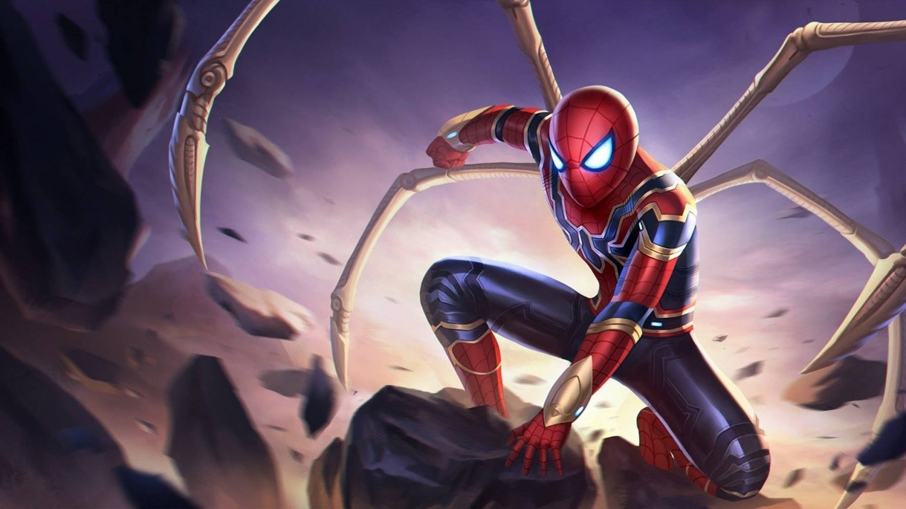 Iron Spider, rock boulders, glowing blue eyes, HD Desktop Wallpaper