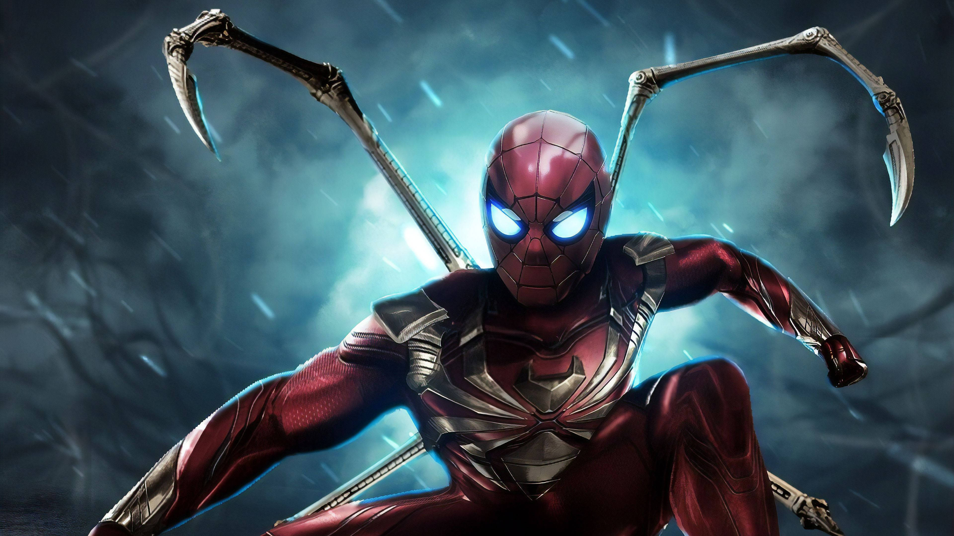 Iron Spider, red and silver suit, scythe-like weapons, 4K Desktop Wallpaper