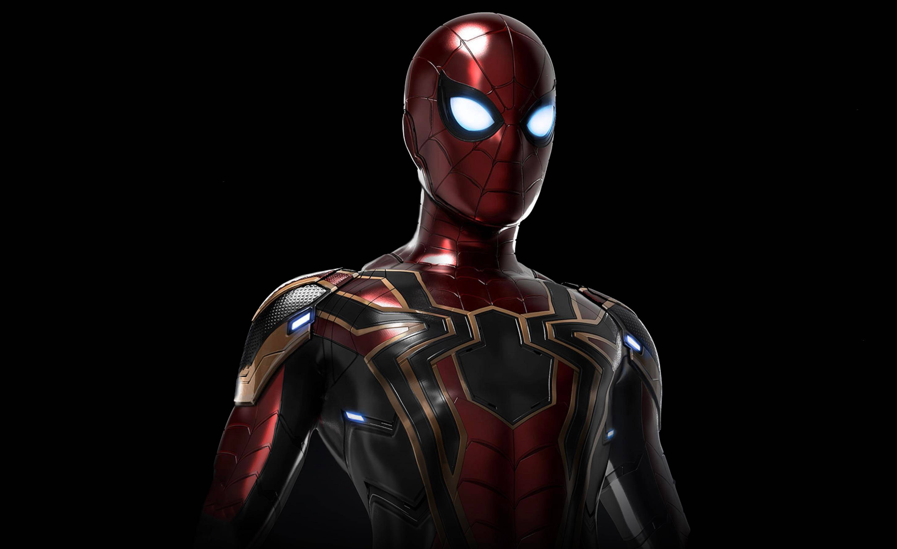 Iron Spider, red gold and black armored suit, glowing blue eyes, 2K Desktop Wallpaper