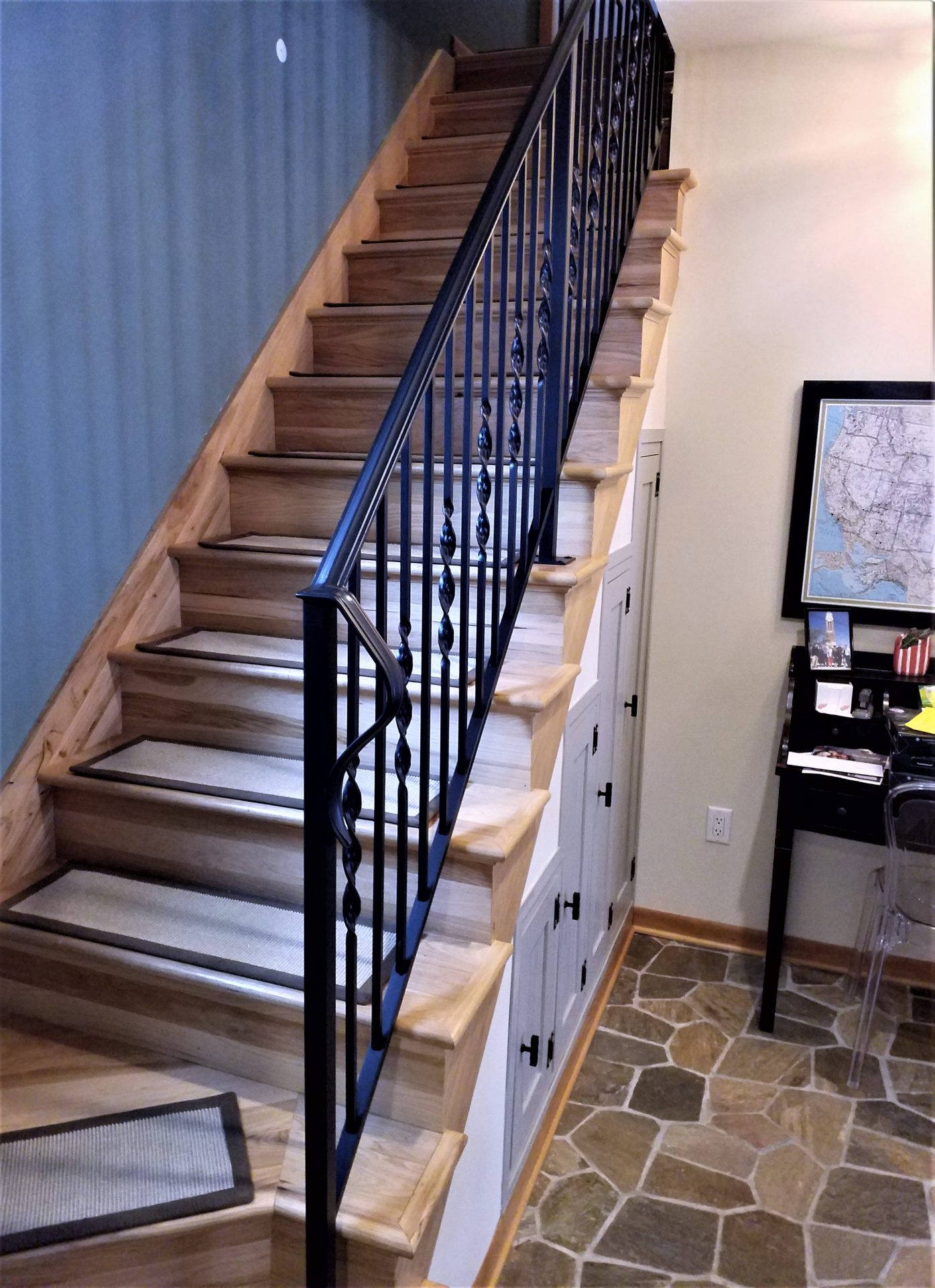 black wrought iron railing, wooden staircase, built-in cabinets, Full HD Phone Wallpaper