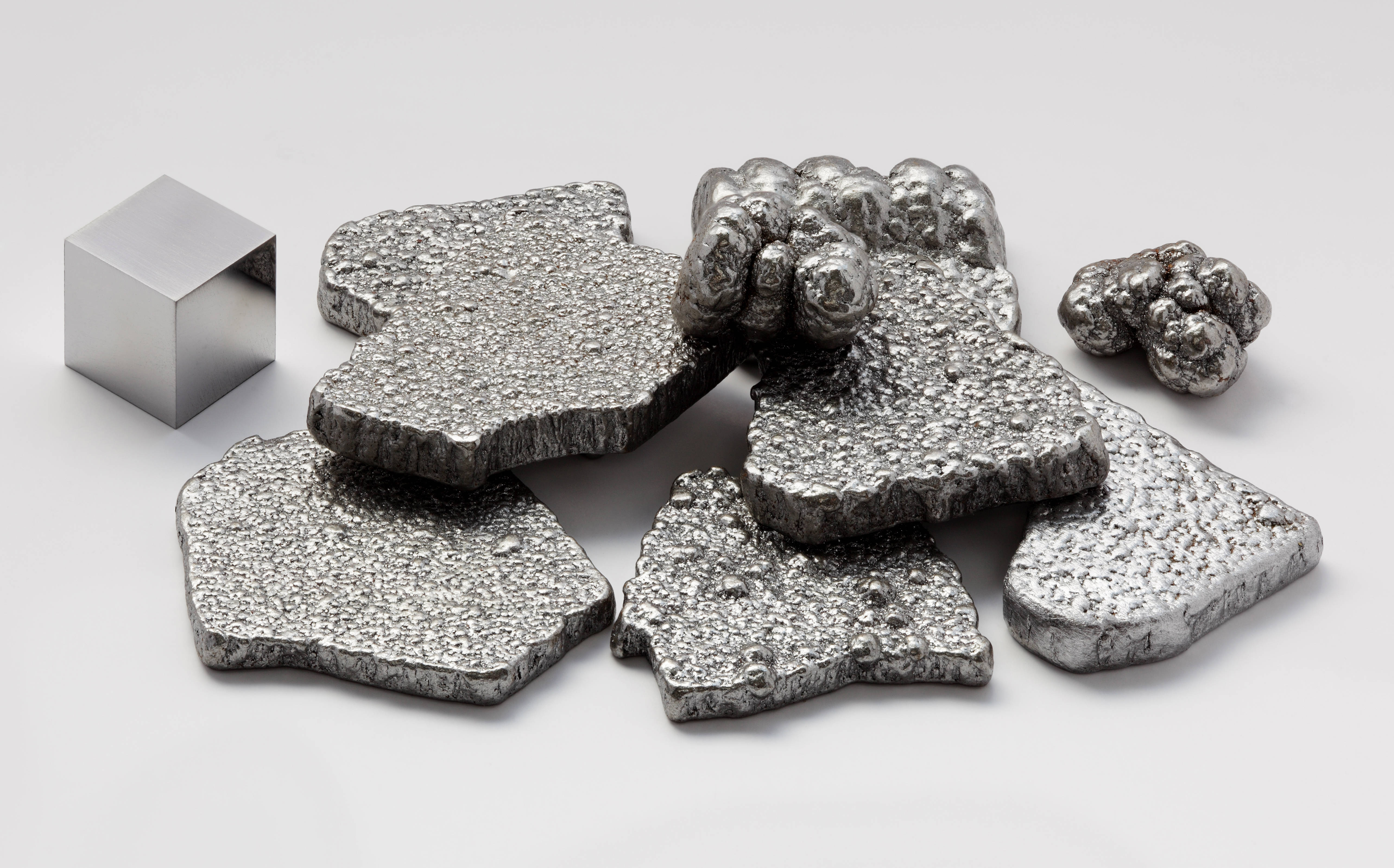 electrolytic iron samples, white surface, shiny metallic ingots, 5K Desktop Wallpaper