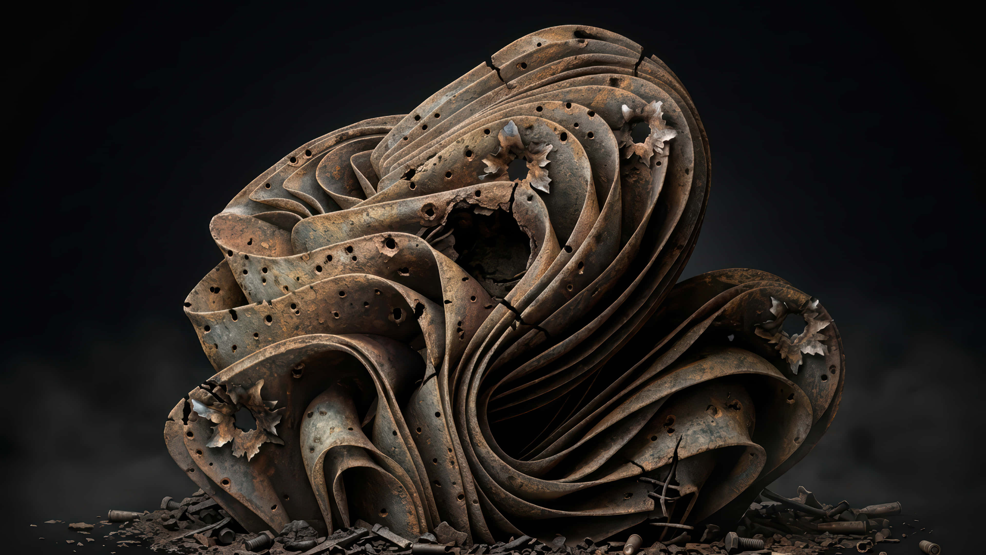 Iron, rusted metallic sculpture, layered swirls, 4K Desktop Wallpaper