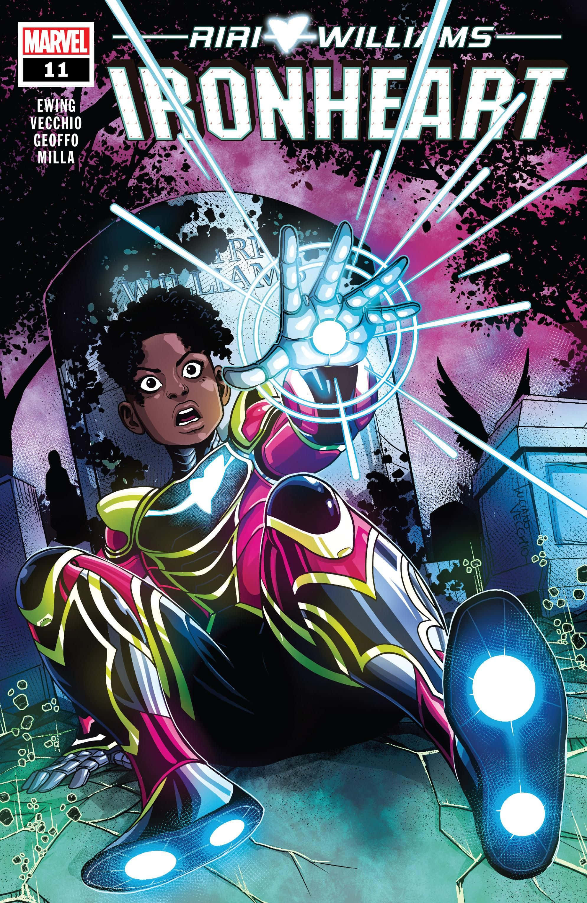 Ironheart, 1988, glowing pink and black suit, 2K Phone Wallpaper